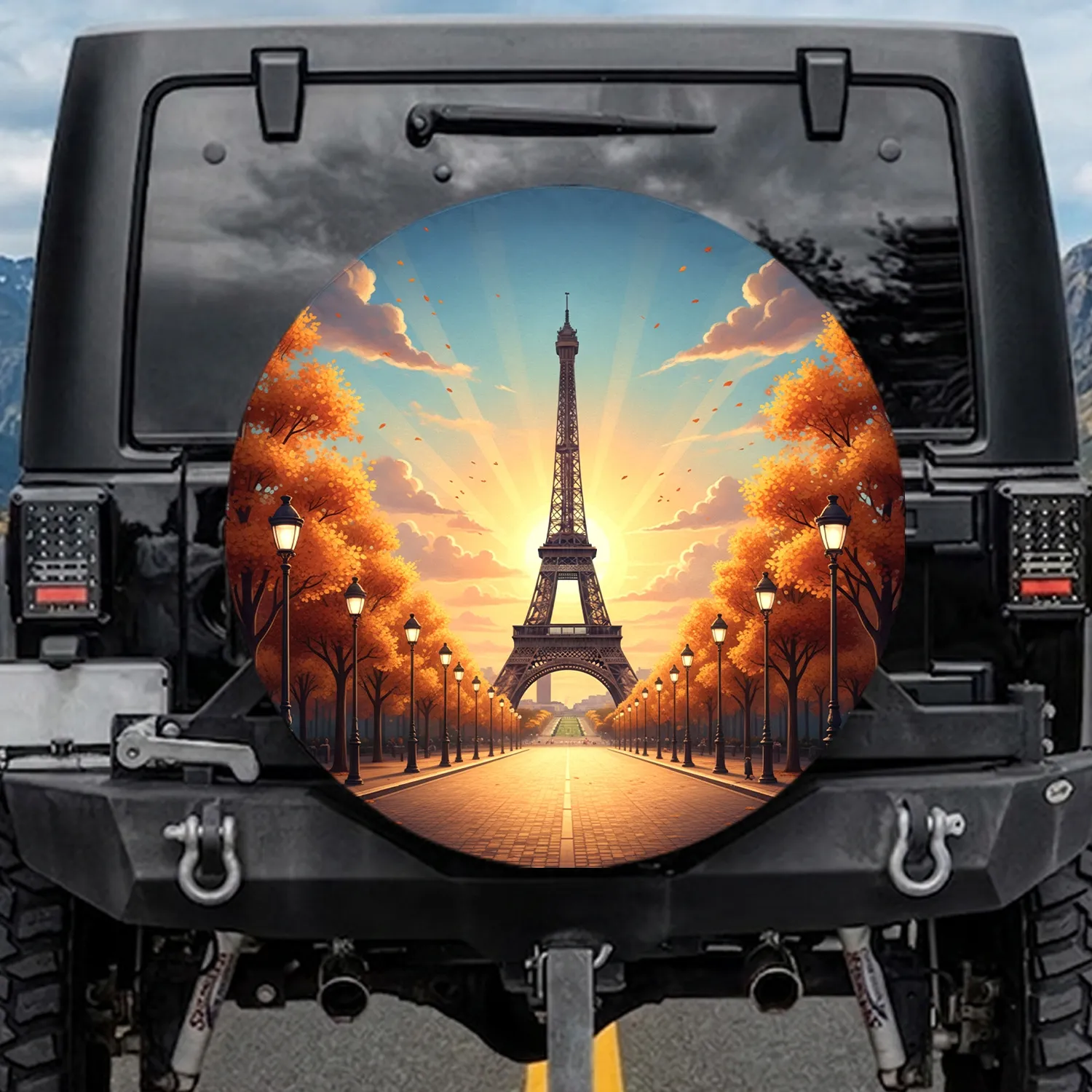 Eiffel Tower Parisian Boulevard Autumn Sunset Golden Glow - Travel Essentials Spare Tire Cover - 1