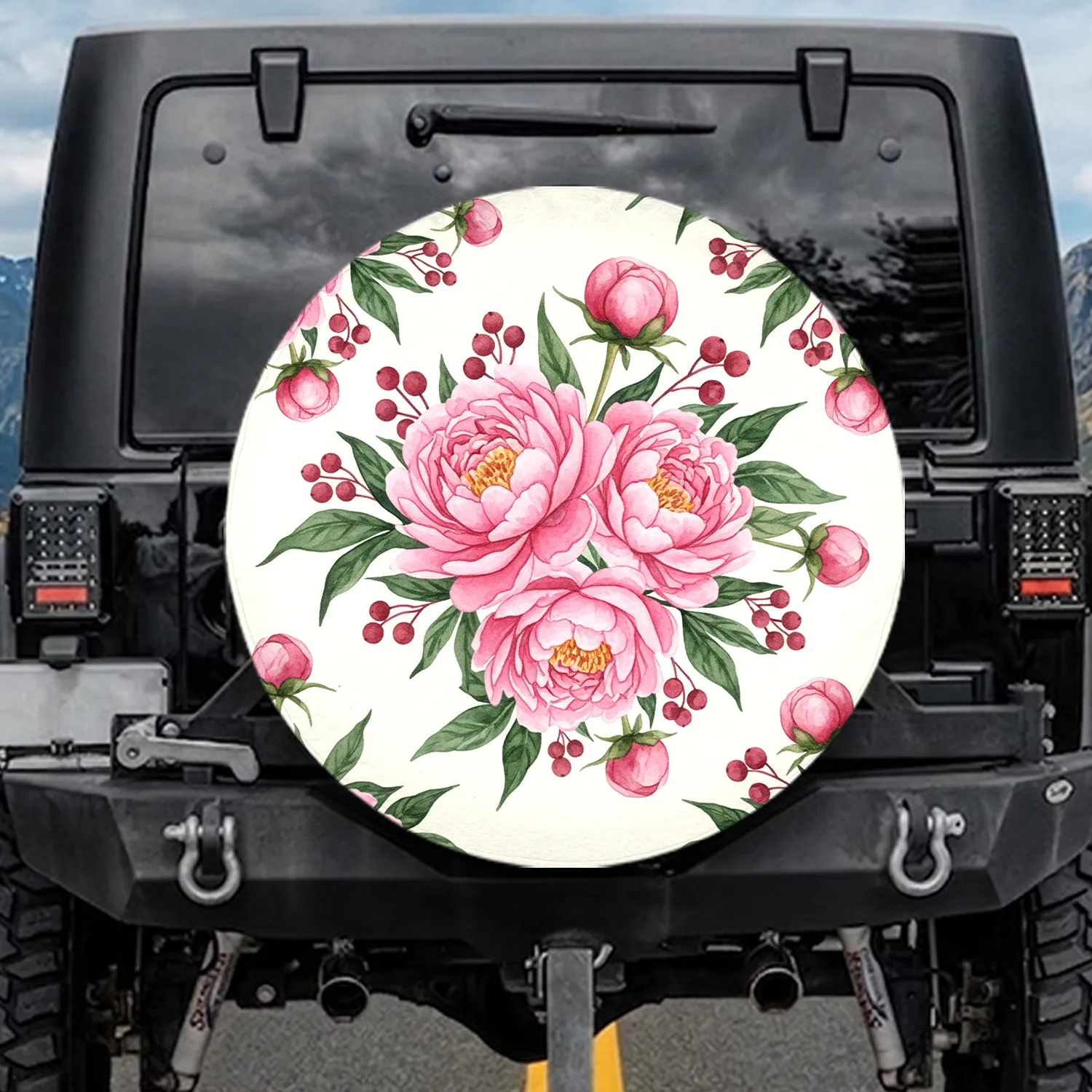 Pink Peony Blooms Green Leaves - Home Decor Gift for Garden Lover Spare Tire Cover - 1