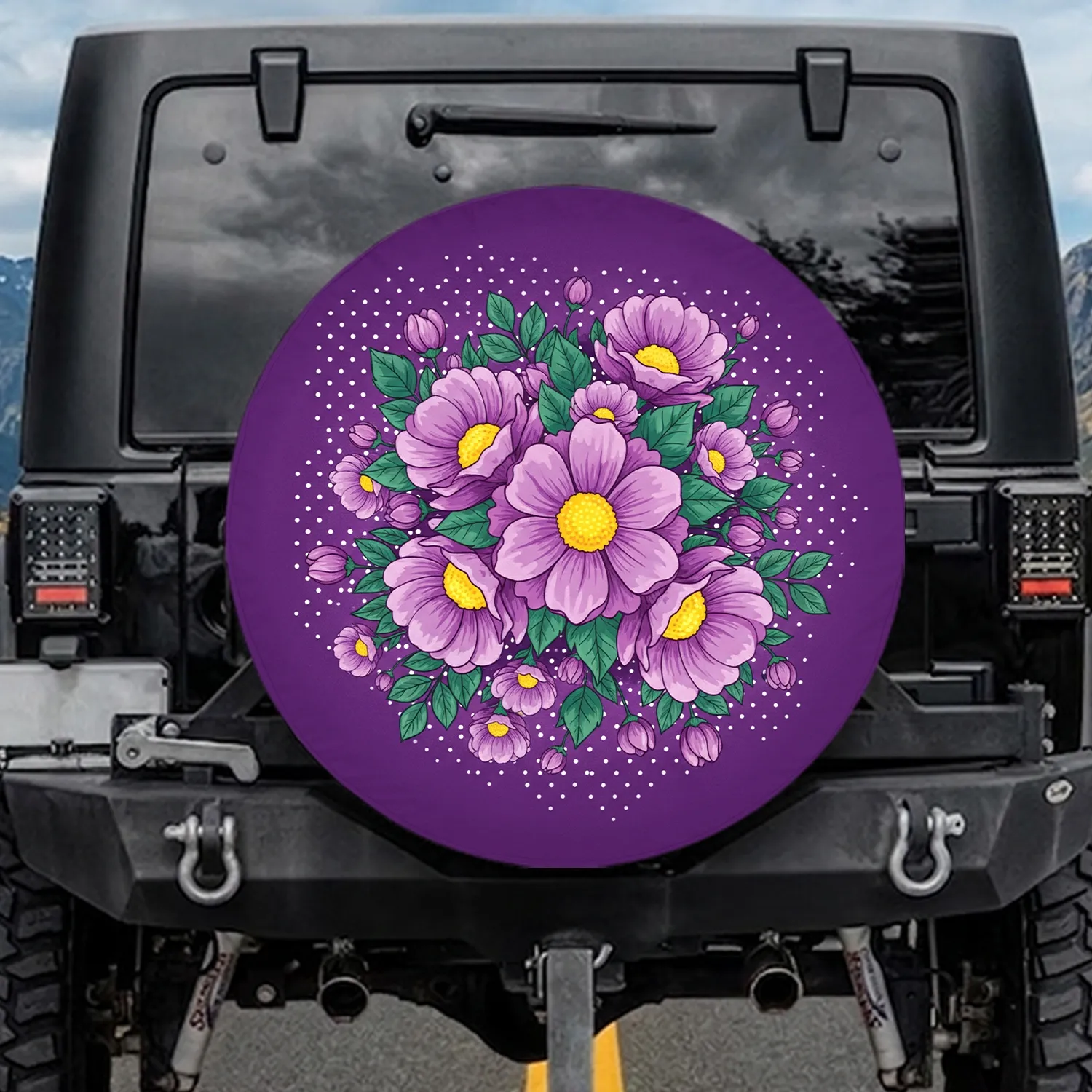 Purple Flowers Yellow Centers Green Leaves - Home Decor Gift for Garden Lover Spare Tire Cover - 1