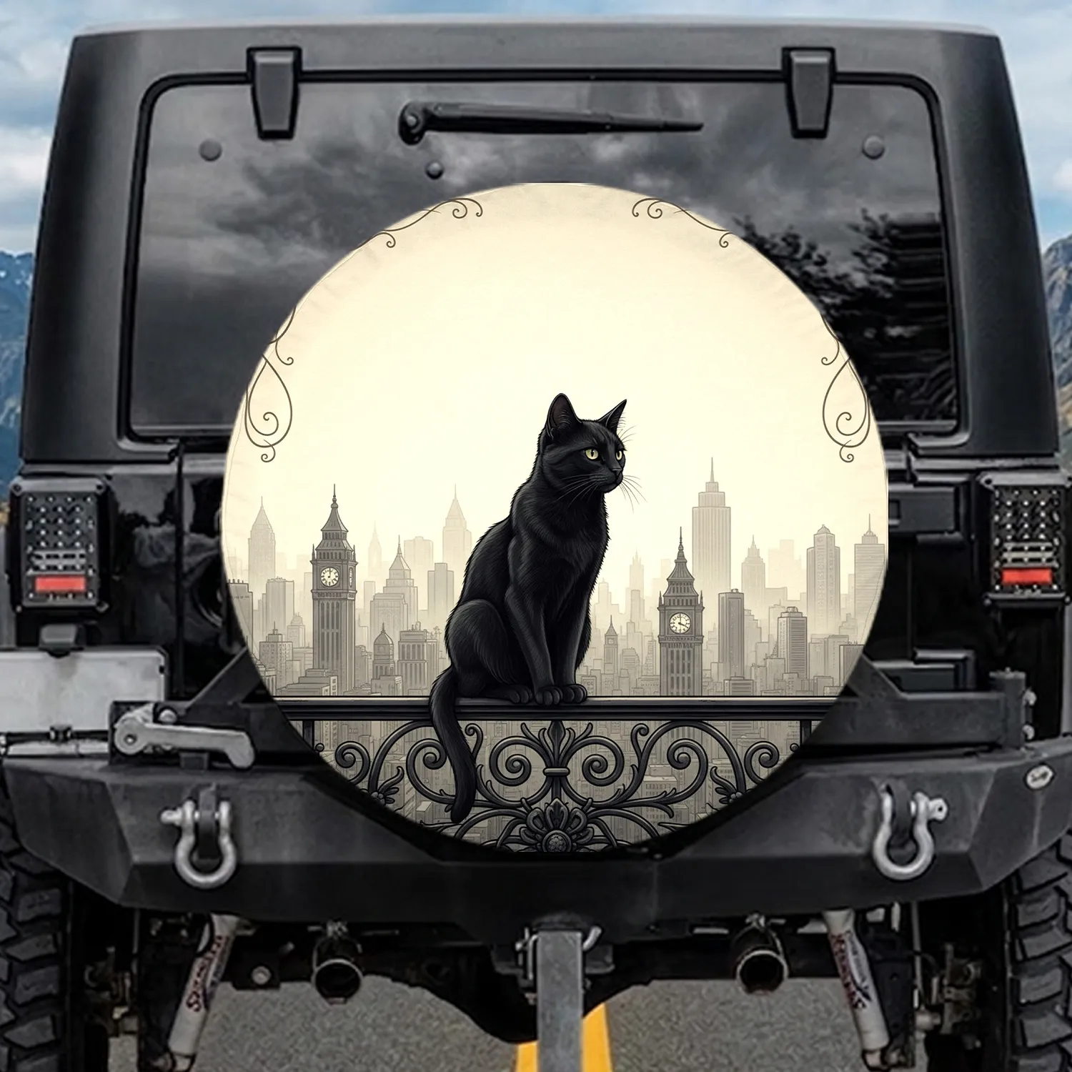 Black Cat Ornate Railing City Skyline Skyscrapers Clock Towers - Cat Lover Gift Spare Tire Cover - 1