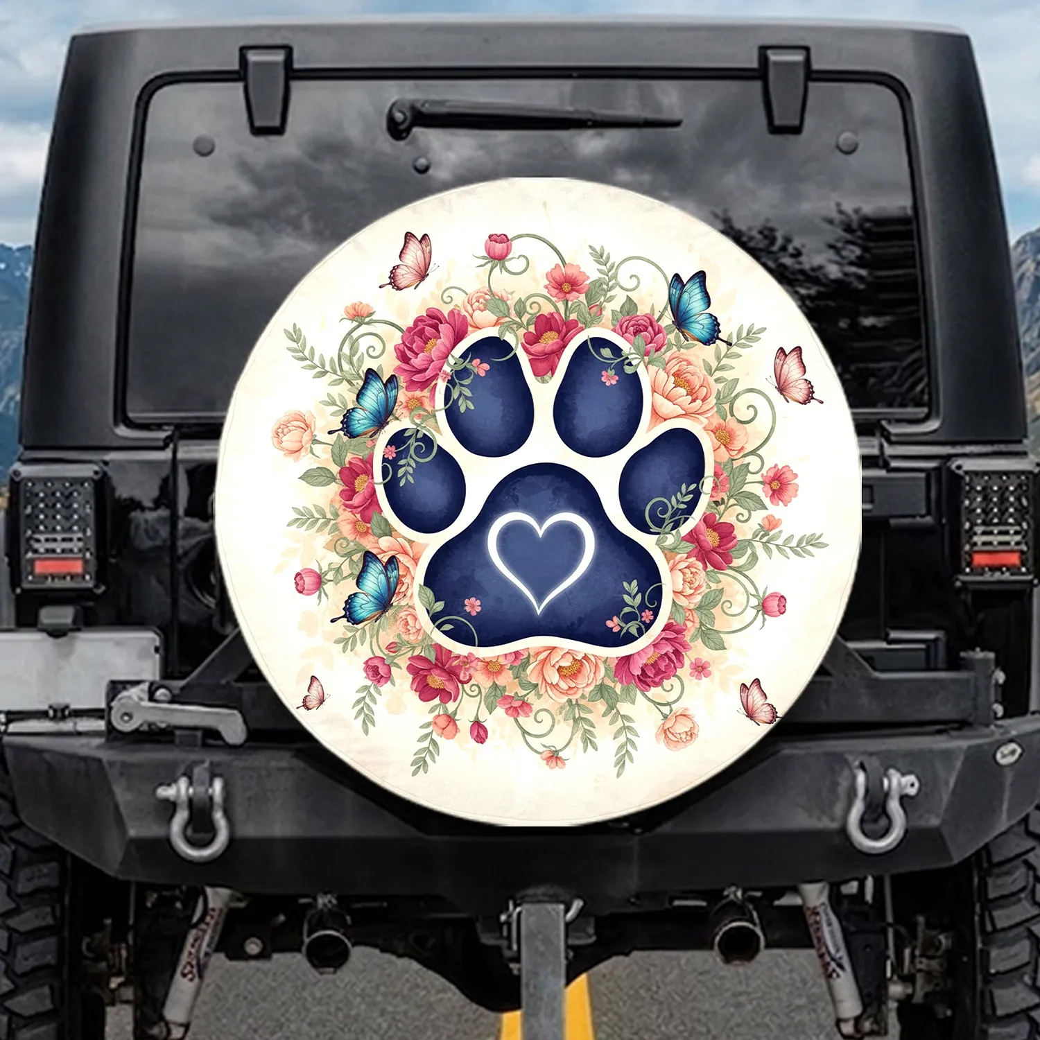 Paw Print Heart Lush Floral Vines Butterflies - Nature Lover Gift for Animal Lovers Spare Tire Cover - 1