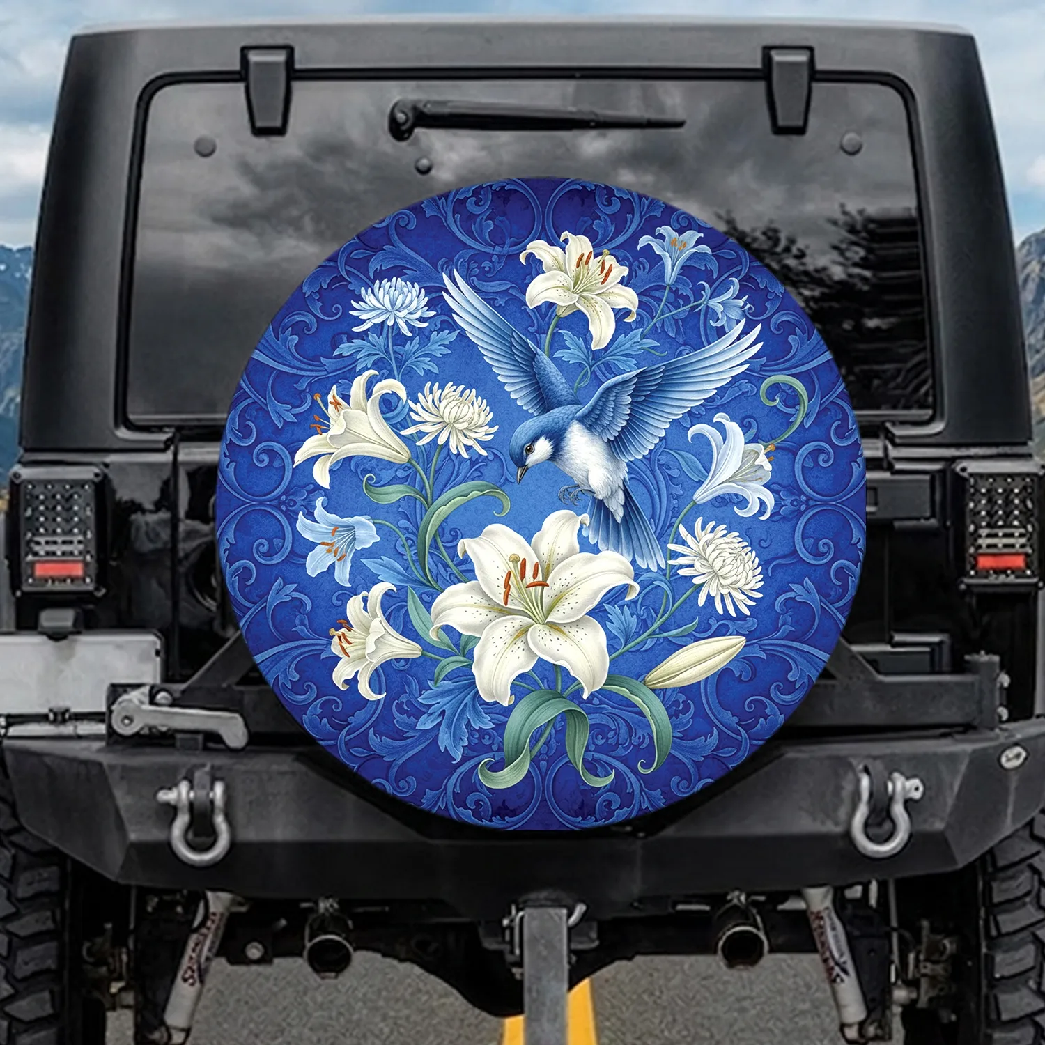 Blue-and-White Bird in Flight Blooming Lily Vine - Nature Lover Gift Spare Tire Cover - 1