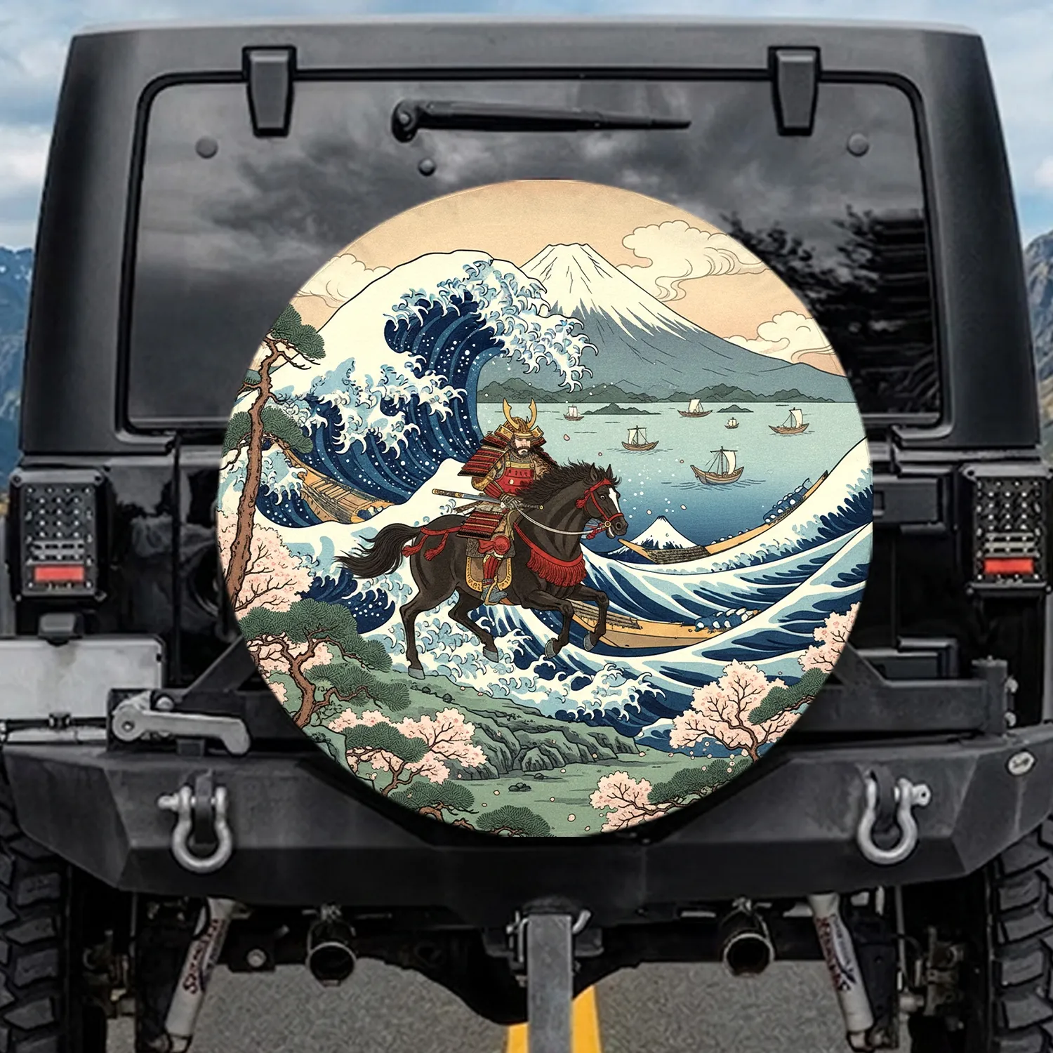 Samurai Horse Ocean Wave Fuji - Japanese Art Lover Gift Spare Tire Cover - 1
