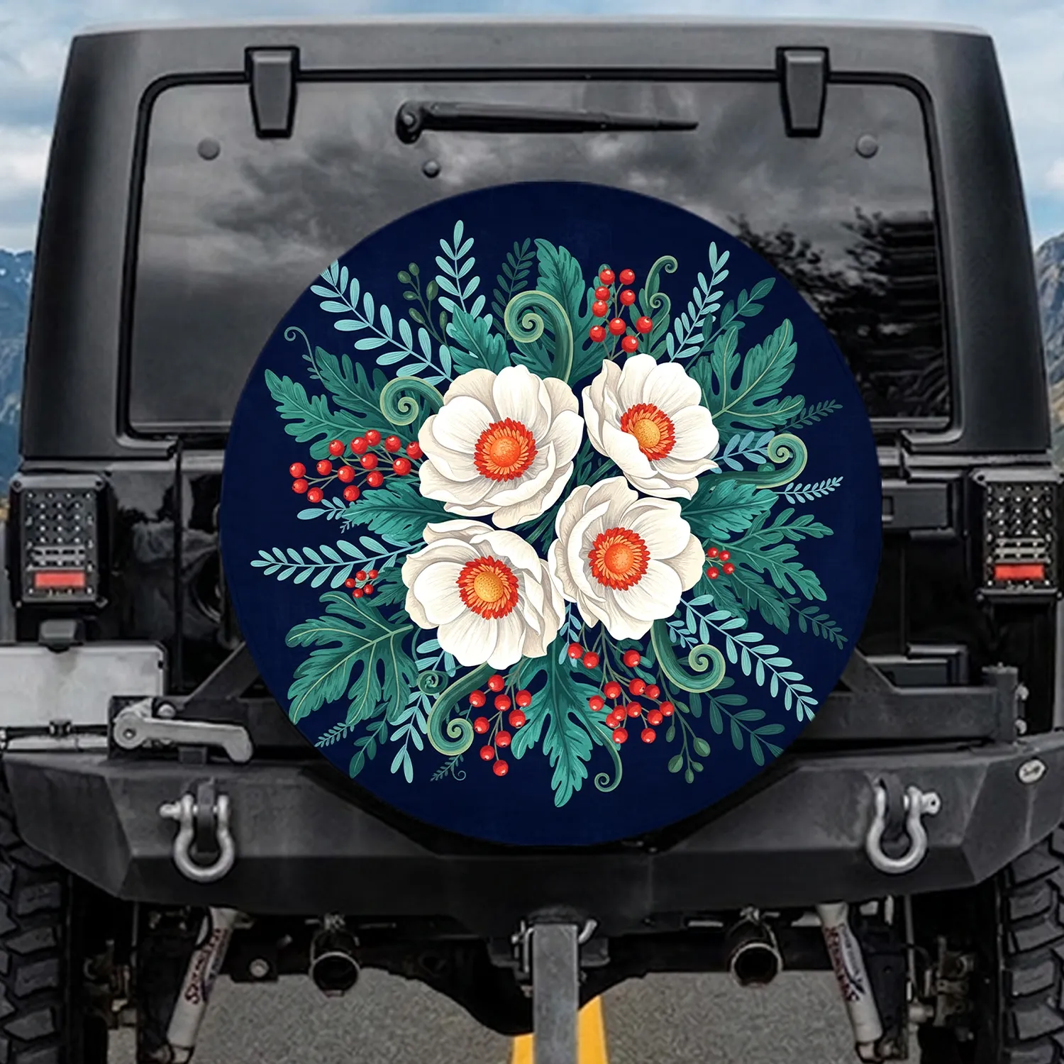 Anemone Floral Bouquet Teal Leaves Berries - Outdoor Lifestyle Gift Spare Tire Cover - 1