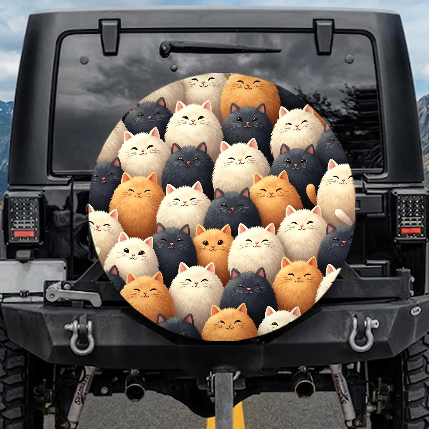 Fluffy Cartoon Cats Gathering Endearing Expressions - Pet Lover Car Decor Gift Spare Tire Cover - 1