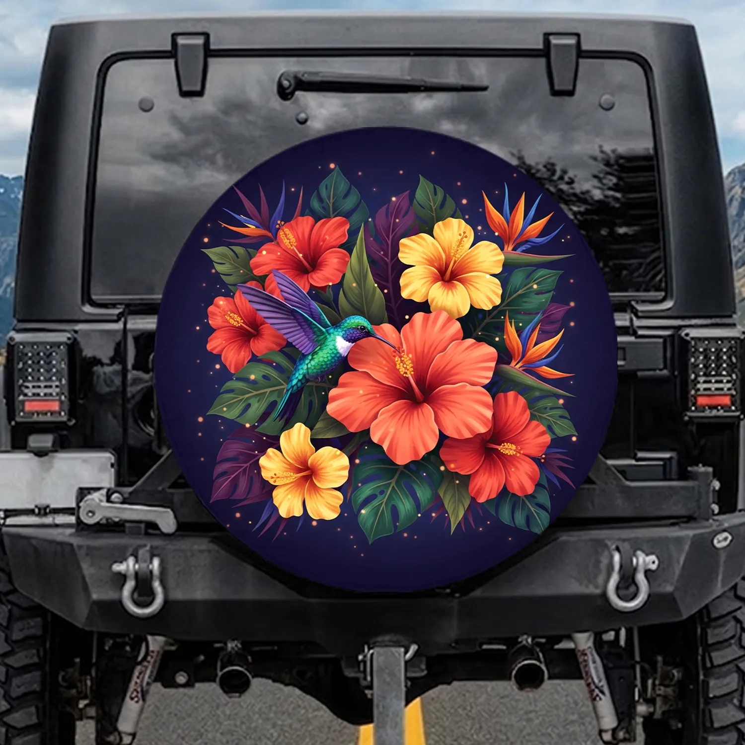 Iridescent Hummingbird Tropical Floral Garden Lush Botanical Wildlife - Bird Lover Gift Spare Tire Cover - 1