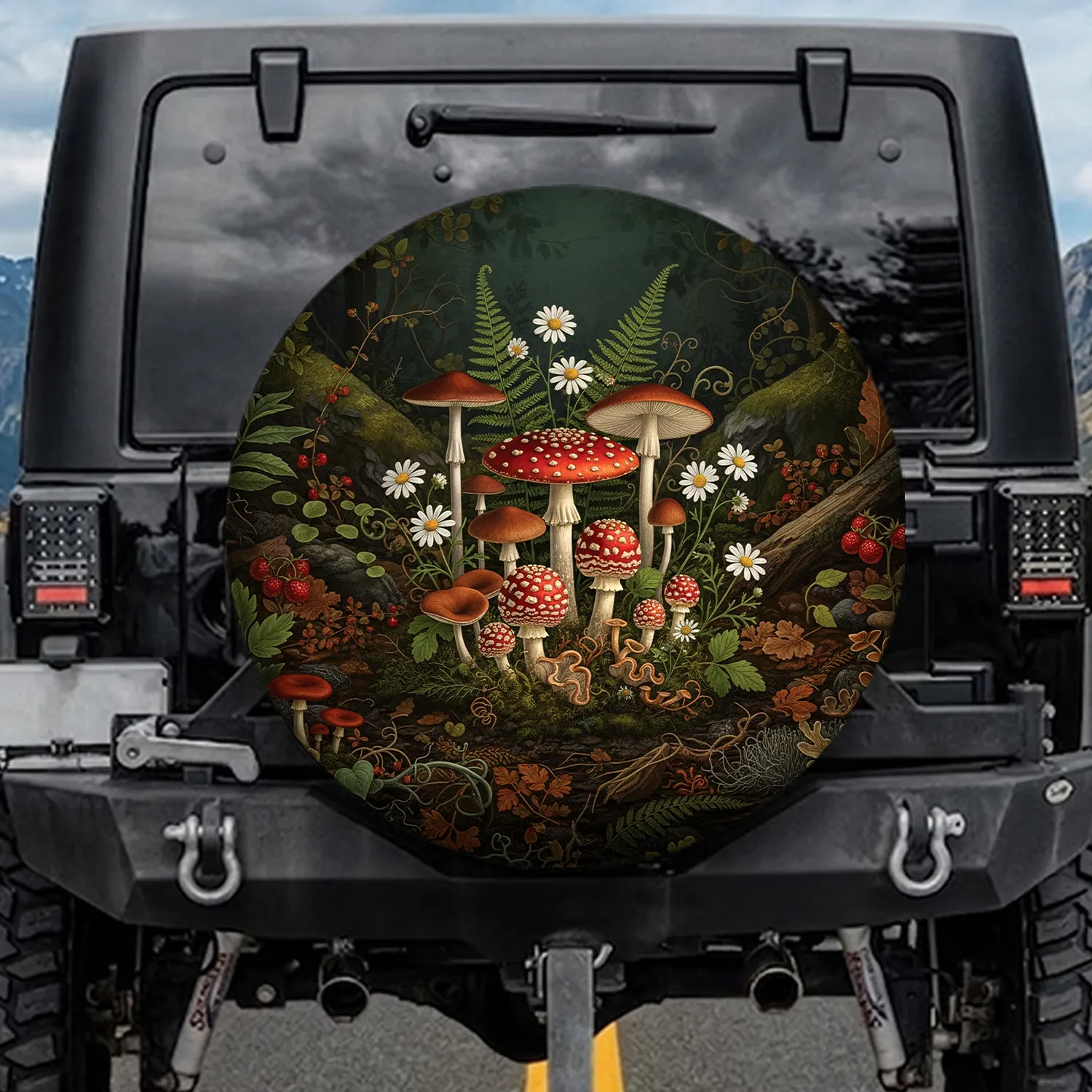 Red Cap Spotted Mushroom Fungi Fern Woodland Scene - Nature Lover Gift Spare Tire Cover - 1