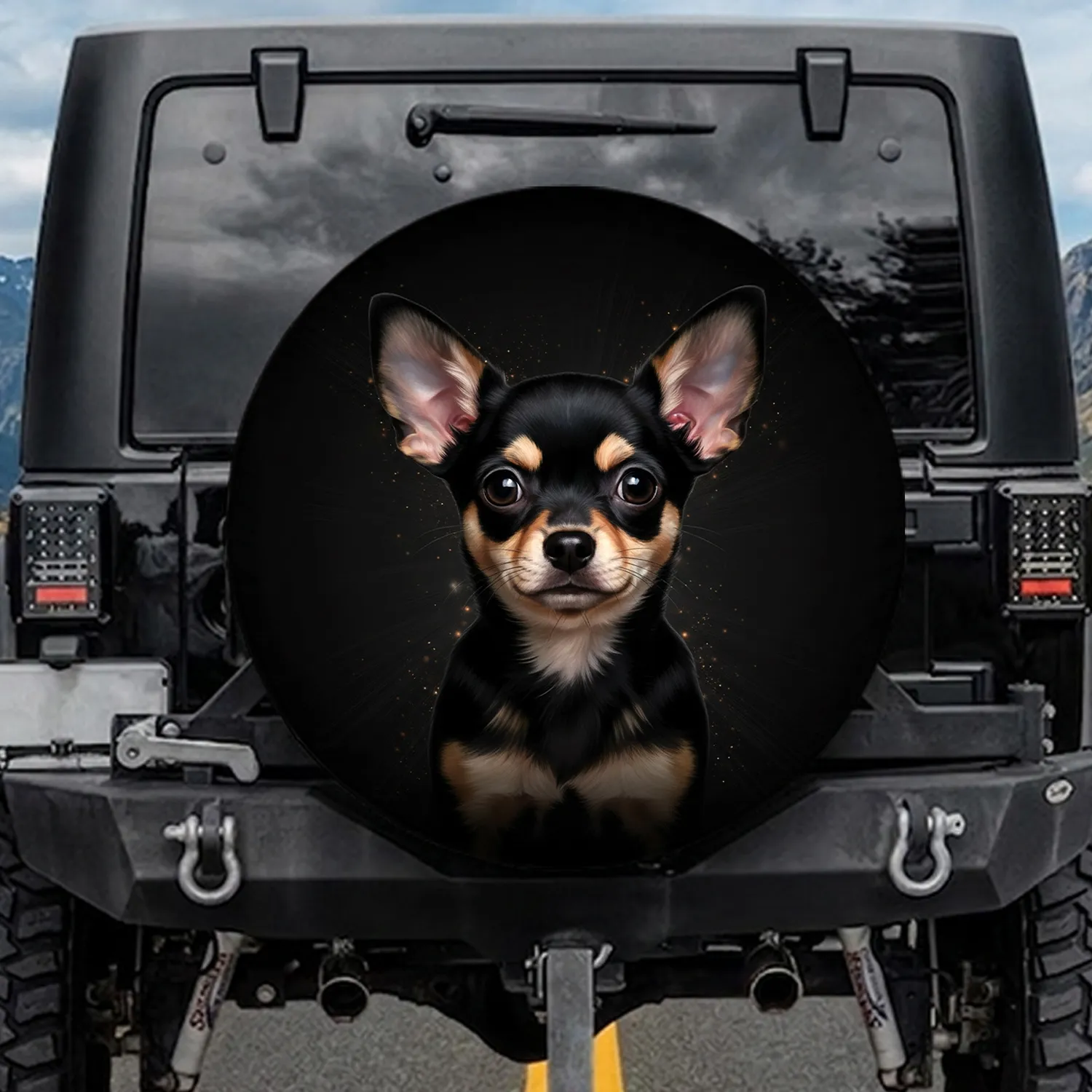 Black Tan Chihuahua Puppy Large Expressive Eyes Deep Black Background - Chihuahua Lover Gift Spare Tire Cover - 1
