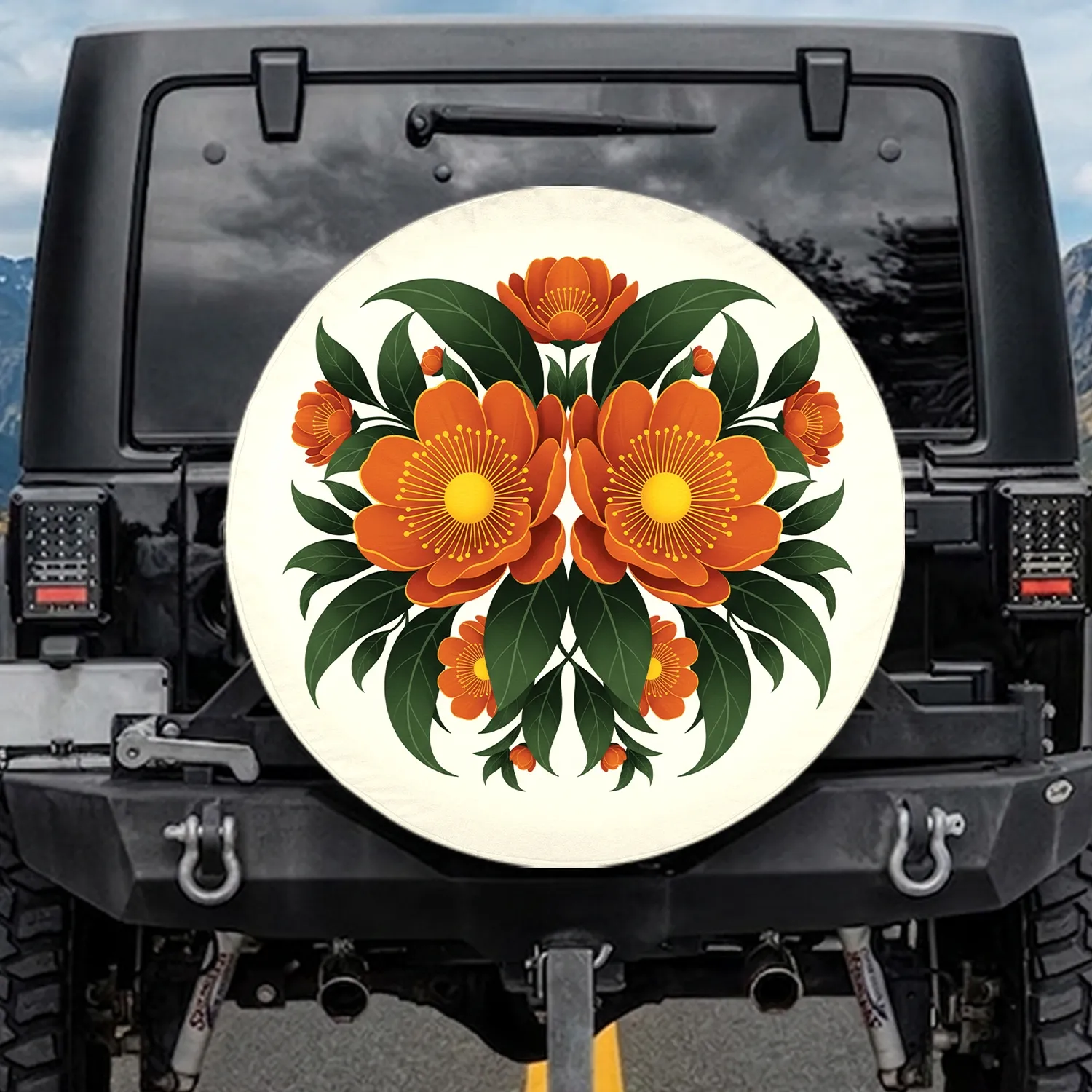 Blossoms in Full Bloom Orange Green Leaves Botanical Floral - Home Garden Decor Gift Spare Tire Cover - 1