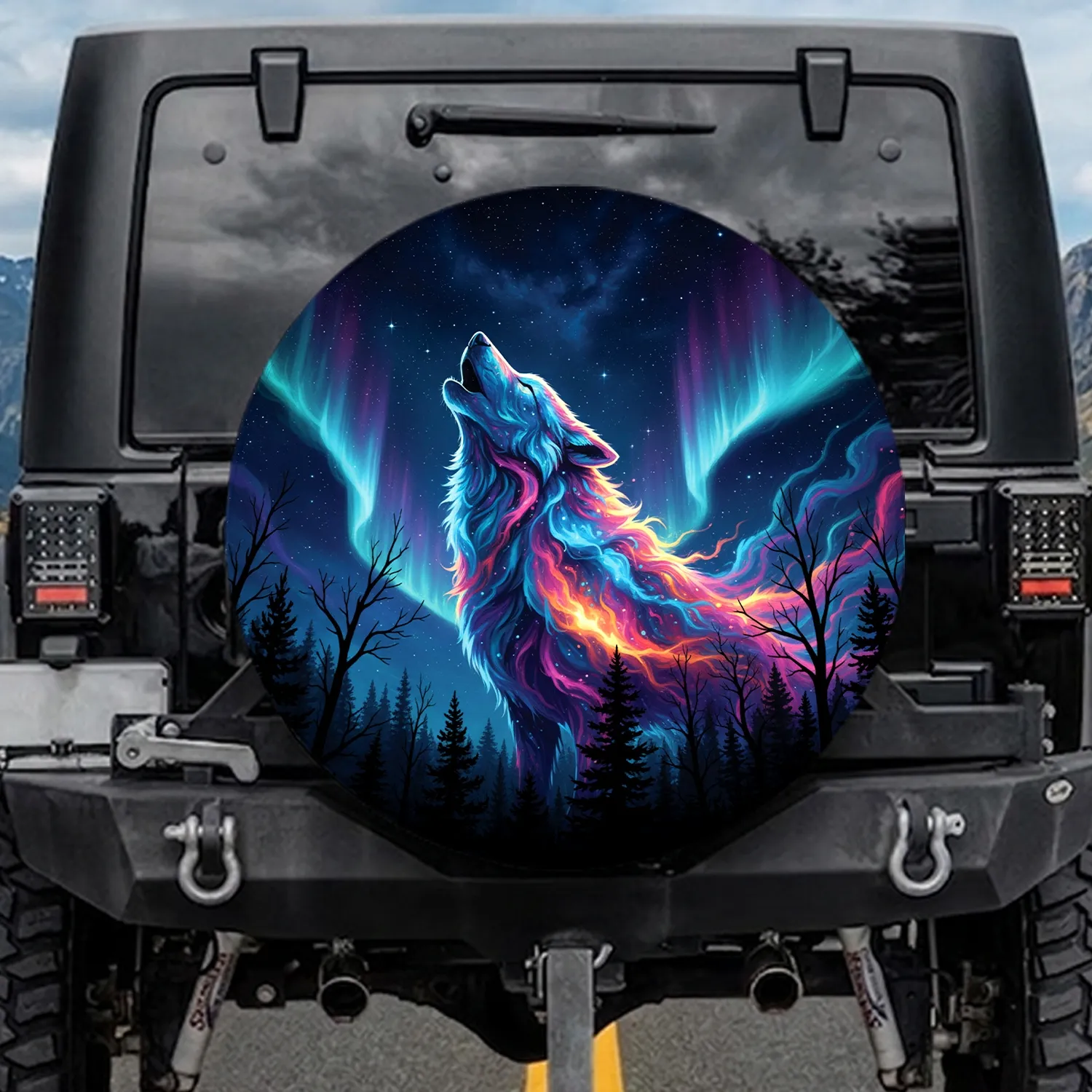 Howling Wolf Aurora Borealis Forest Landscape Starry Night - Wildlife Lover Gift Spare Tire Cover - 1
