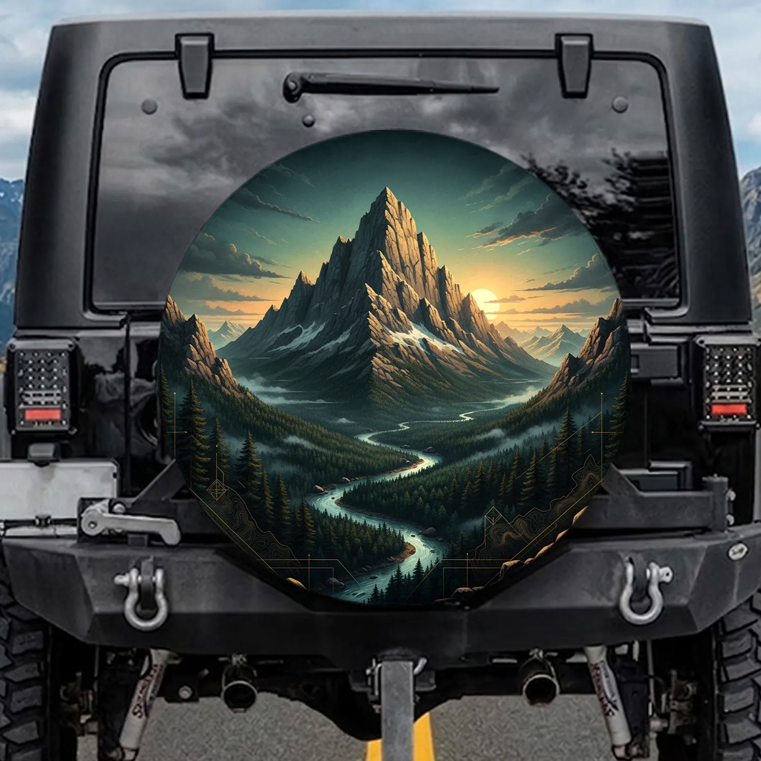Majestic Craggy Mountain Peak Pine Forest River Sun - Outdoor Adventure Gift Spare Tire Cover - 1