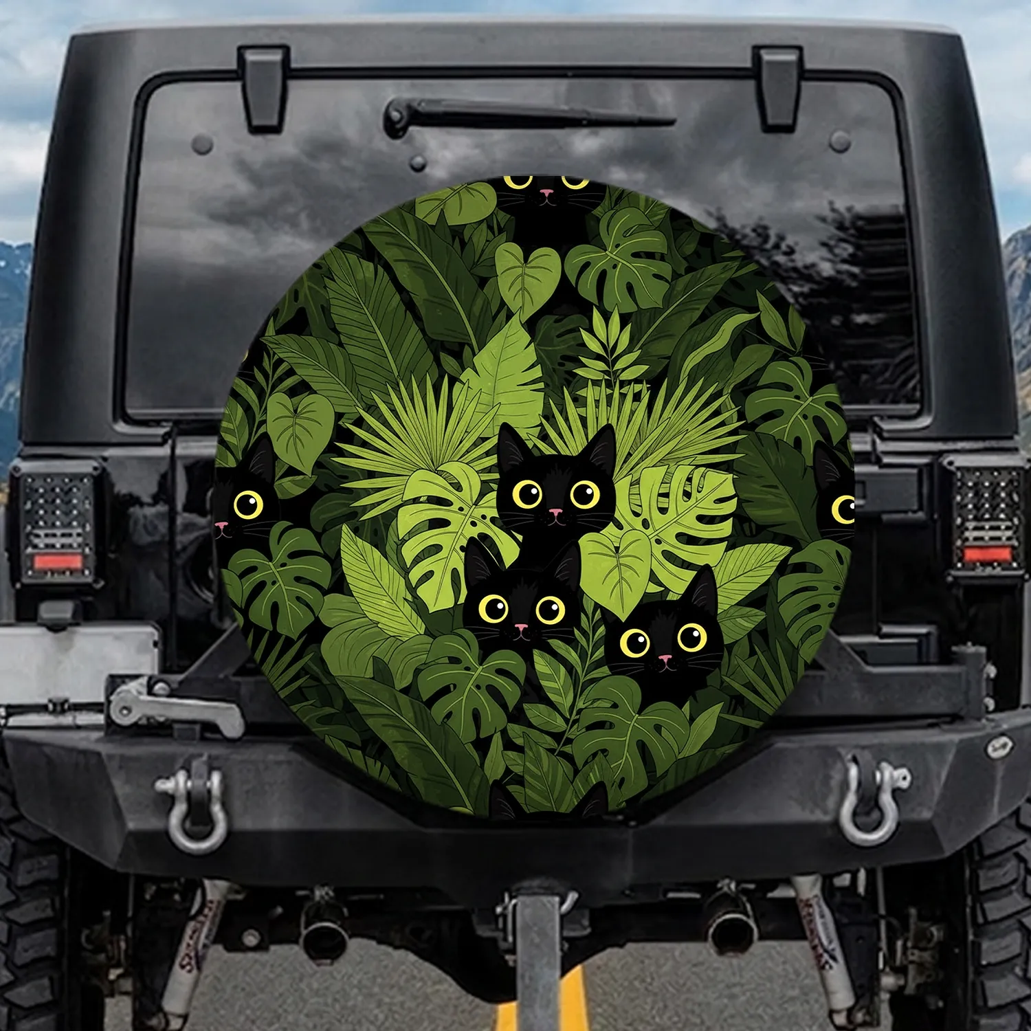 Black Cats Wide Yellow Eyes Tropical Leaves - Outdoor Cat Lover Travel Gift Spare Tire Cover - 1