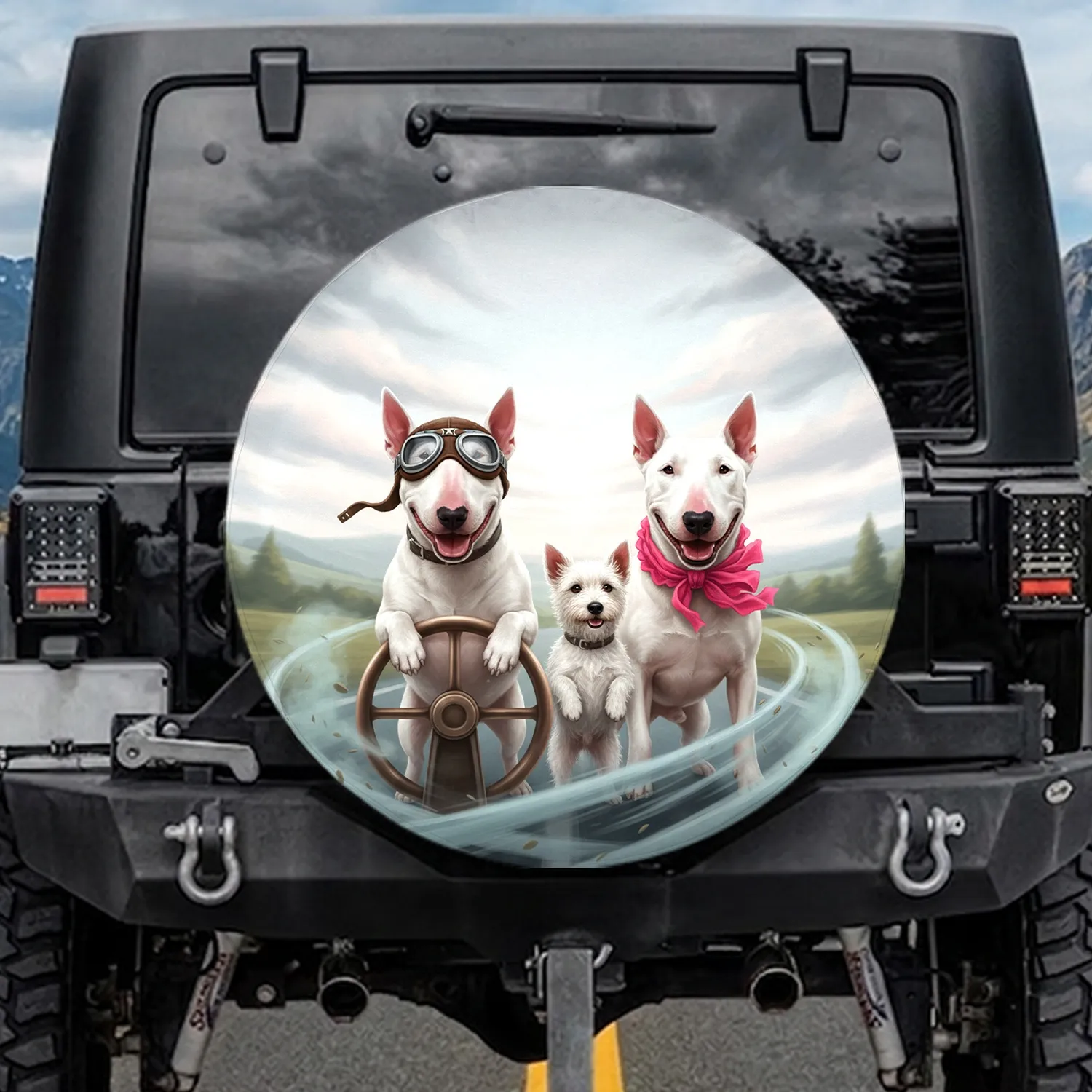 Bull Terrier Goggles Pink Bow Dog Trio - Outdoor Adventure Dog Lover Gift Spare Tire Cover - 1