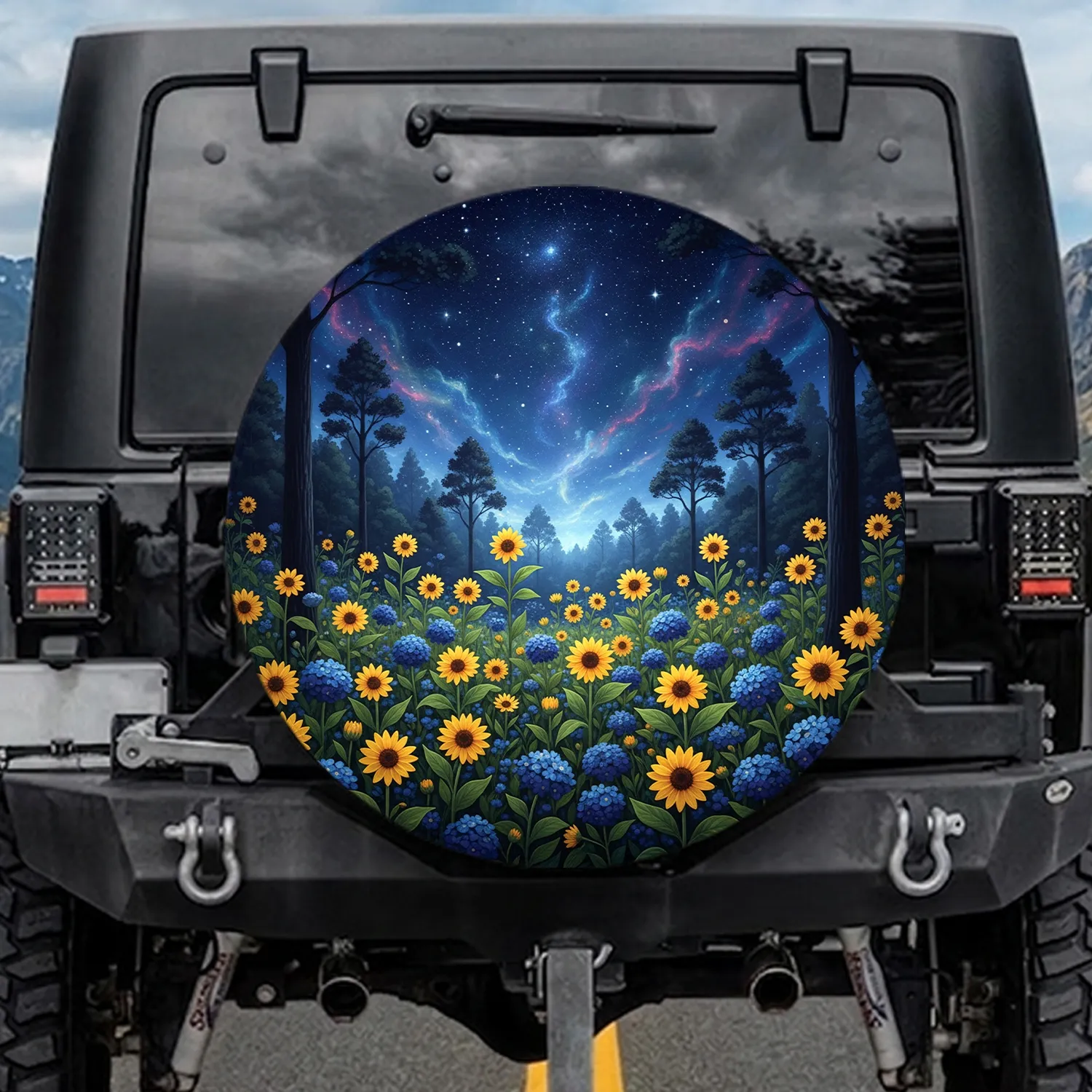 Yellow Blossom Green Foliage Dark Forest Starry Night - Nature Lover Gift Spare Tire Cover - 1