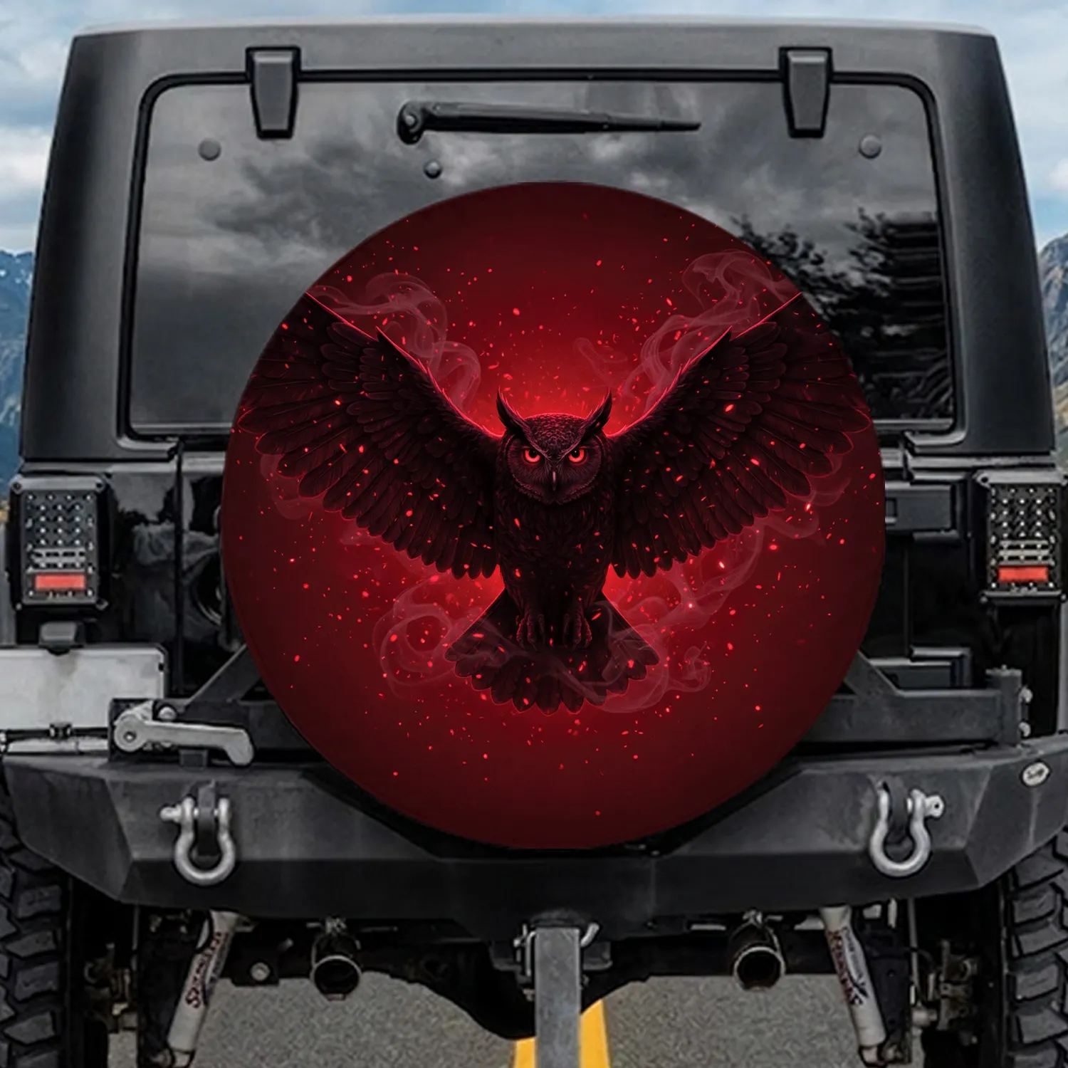 Majestic Black Owl Glowing Red Eyes Wide Wings Embers - Wildlife Lover Gift Spare Tire Cover - 1