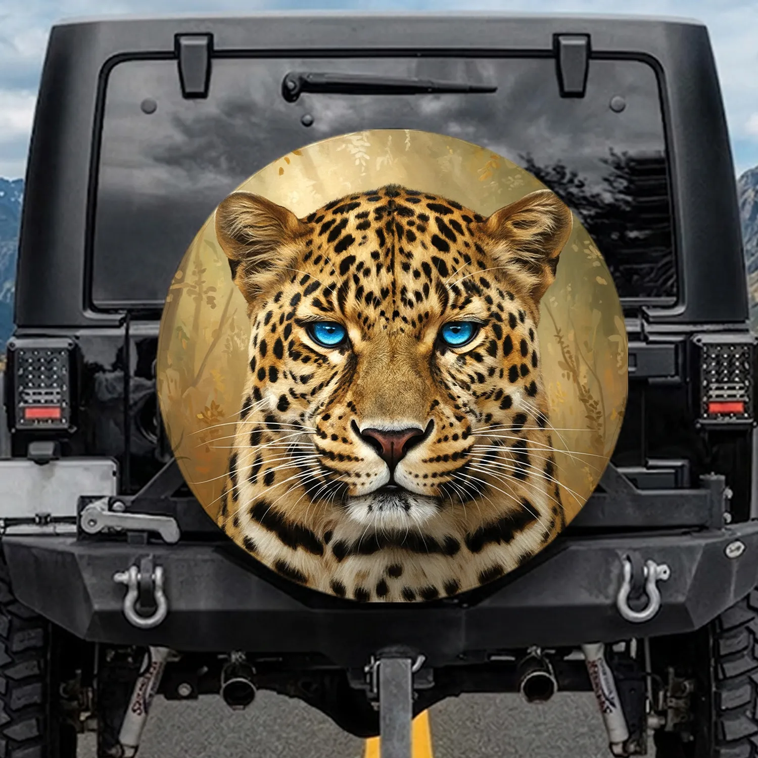 Majestic Leopard Face Electric Blue Eyes - Big Cat Lover Gift Spare Tire Cover - 1