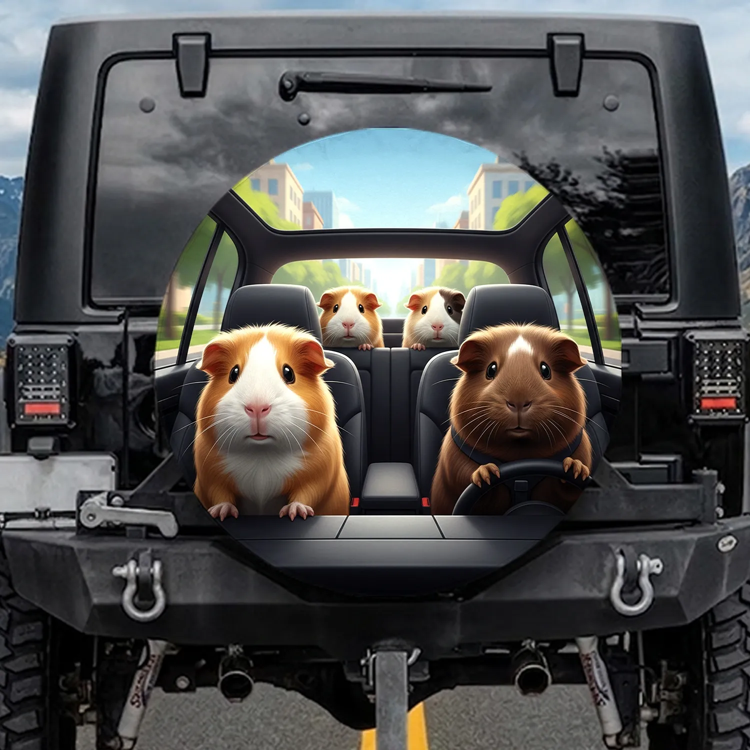 Guinea Pigs Driving Car Urban Park - Road Trip Gift for Guinea Pig Lovers Spare Tire Cover - 1