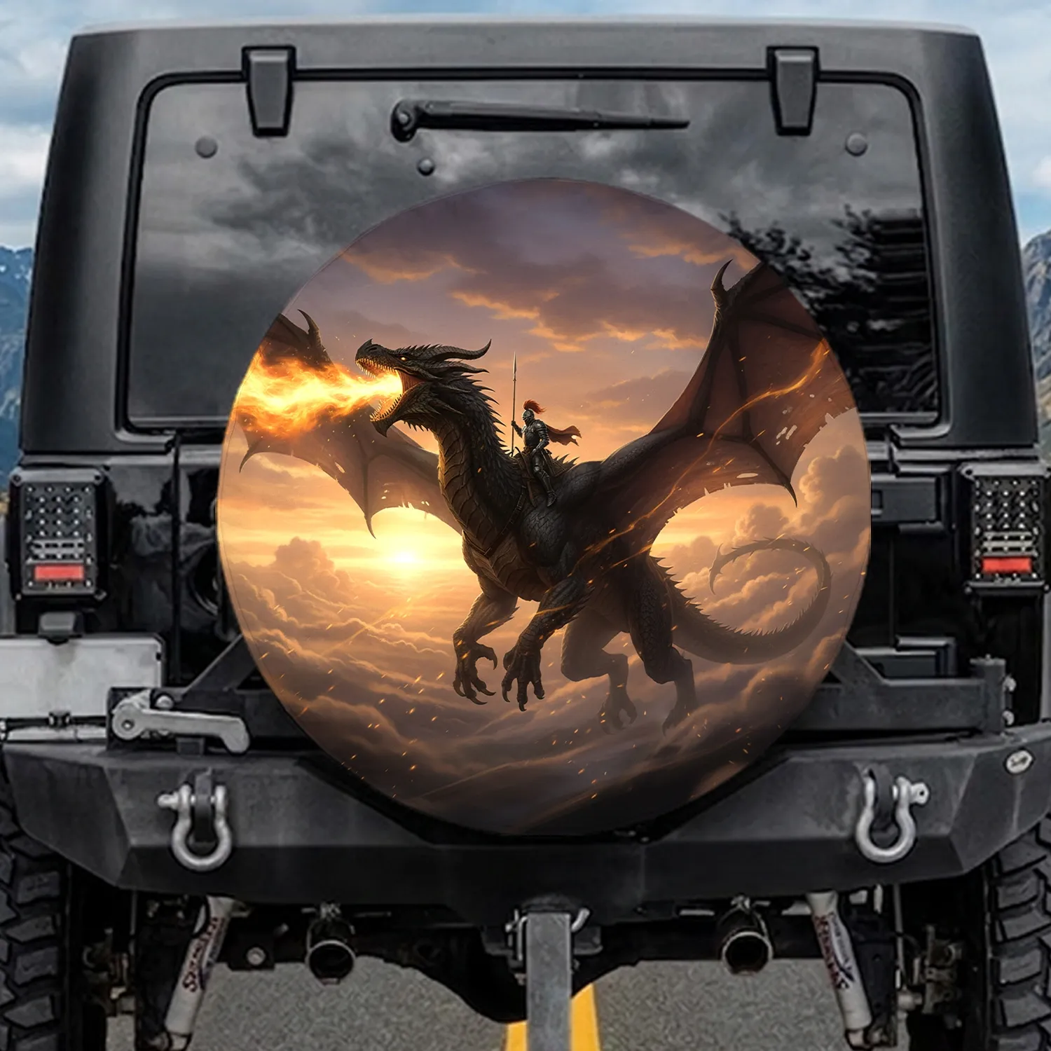 Dragon Knight Golden Fire Sunset Sky - Fantasy Lover Adventure Gift Spare Tire Cover - 1
