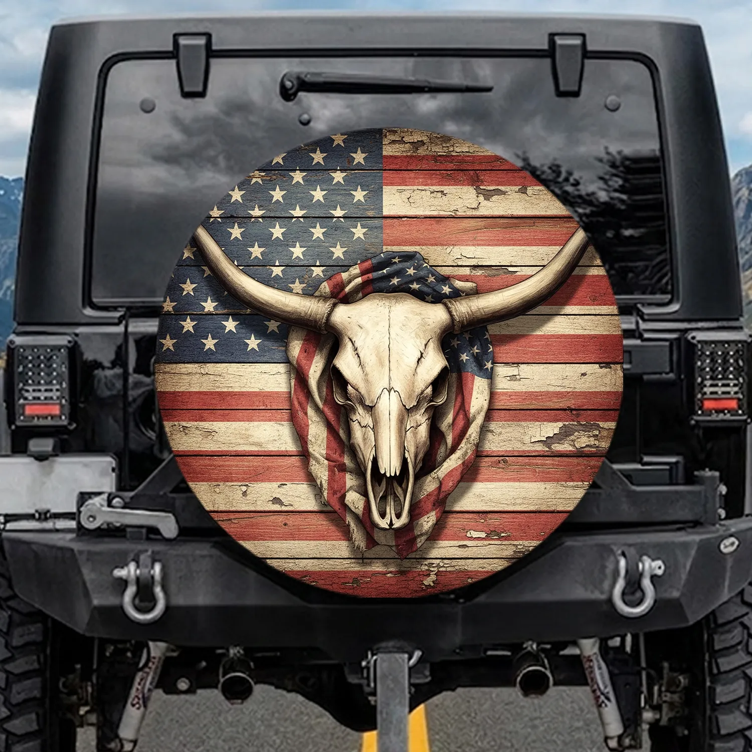 Longhorn Skull Distressed American Flag Wood - Patriotic Decor Gift for Cowboy Lover Spare Tire Cover - 1