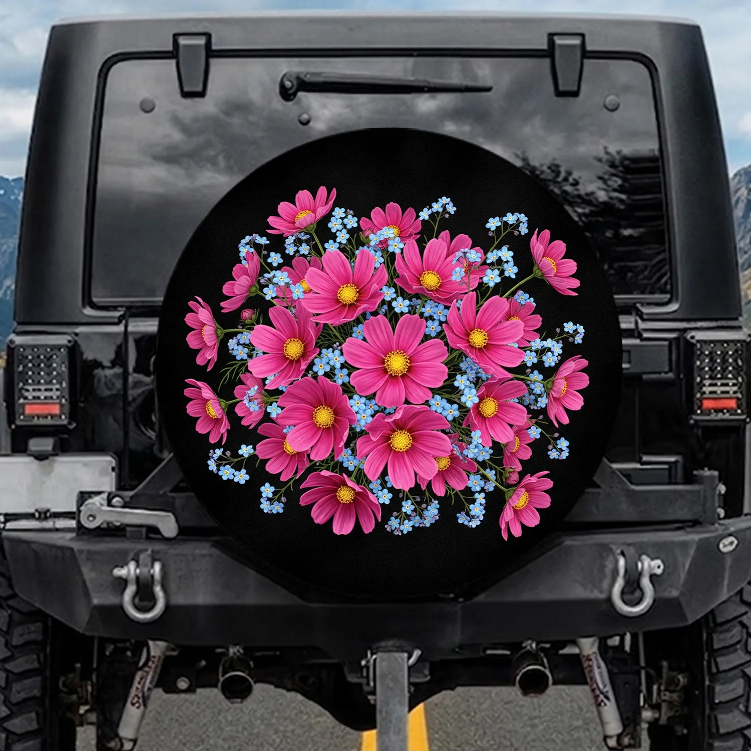 Deep Black Fuchsia Pink Cosmos Forget-Me-Not Flowers - Home Decor Gift Spare Tire Cover - 1