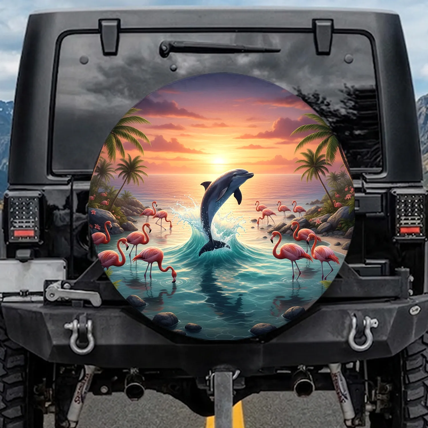 Dolphin Flamingos Tropical Ocean Sunset - Wildlife Lover Gift Spare Tire Cover - 1