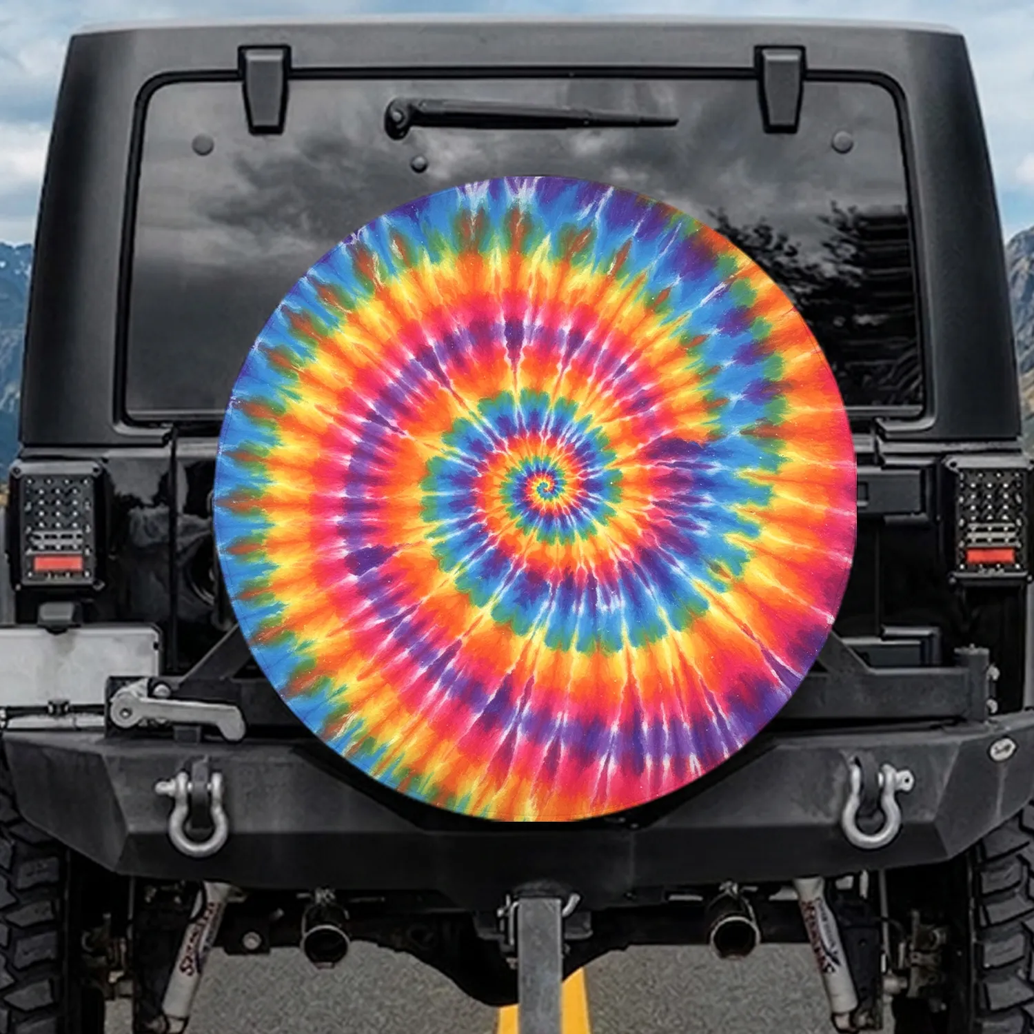 Vibrant Tie-Dye Spiral Swirls Psychedelic Bleeding Colors - Outdoor Vehicle Accessory Gift Spare Tire Cover - 1