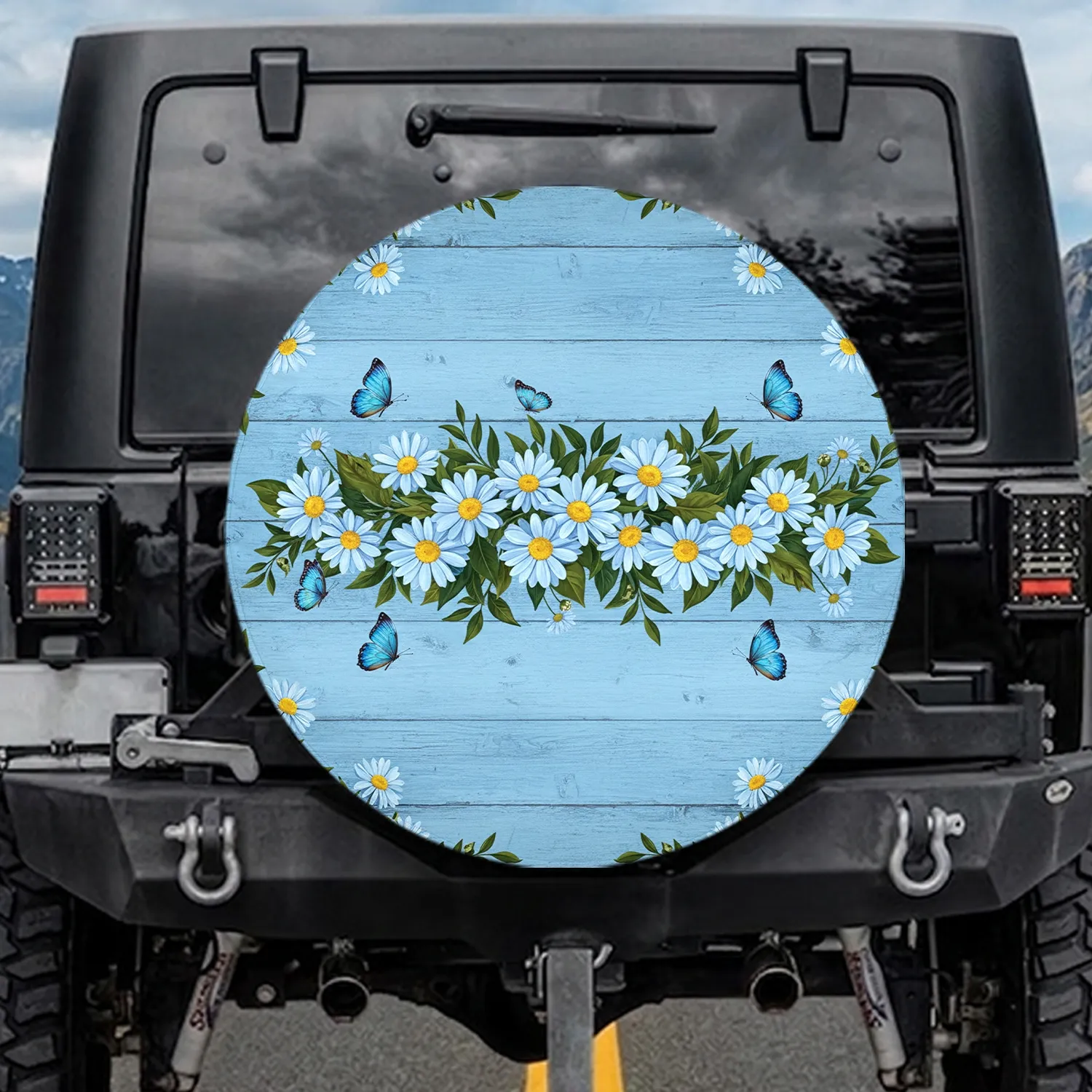 Light Blue Daisy Butterflies Wood Plank - Home Decor Gift for Garden Lover Spare Tire Cover - 1