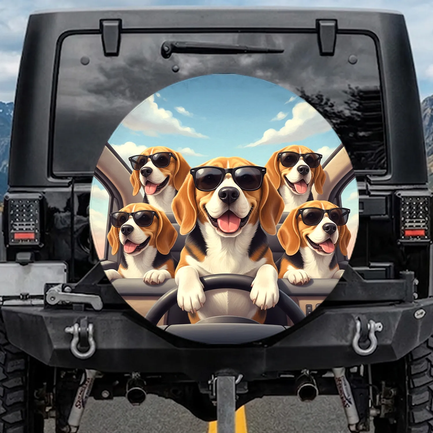 Five Happy Beagle Dogs Black Sunglasses Vehicle Interior - Travel Dog Lover Gift Spare Tire Cover - 1
