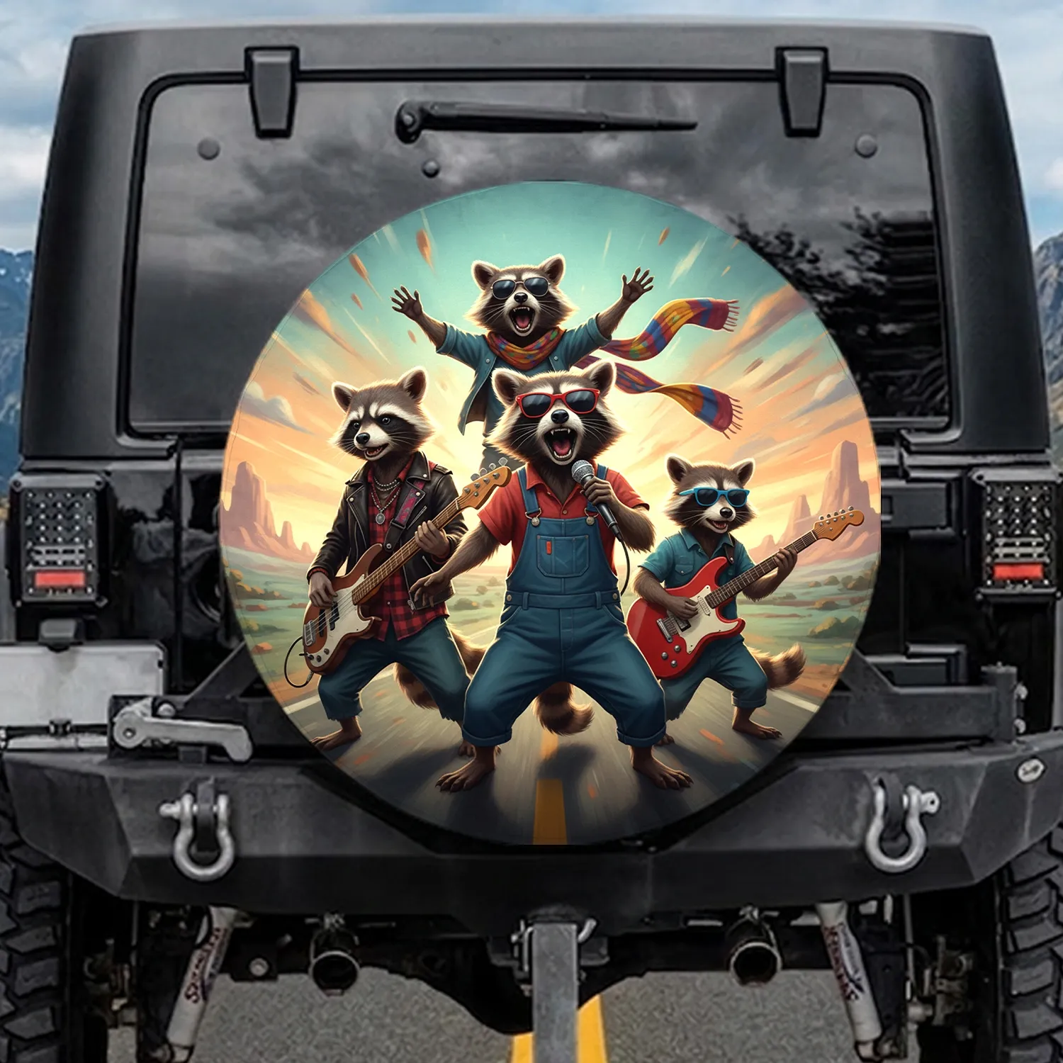 Four Raccoons Rock Band Guitarist Singer Open Road Journey - Music Lover Gift Spare Tire Cover - 1