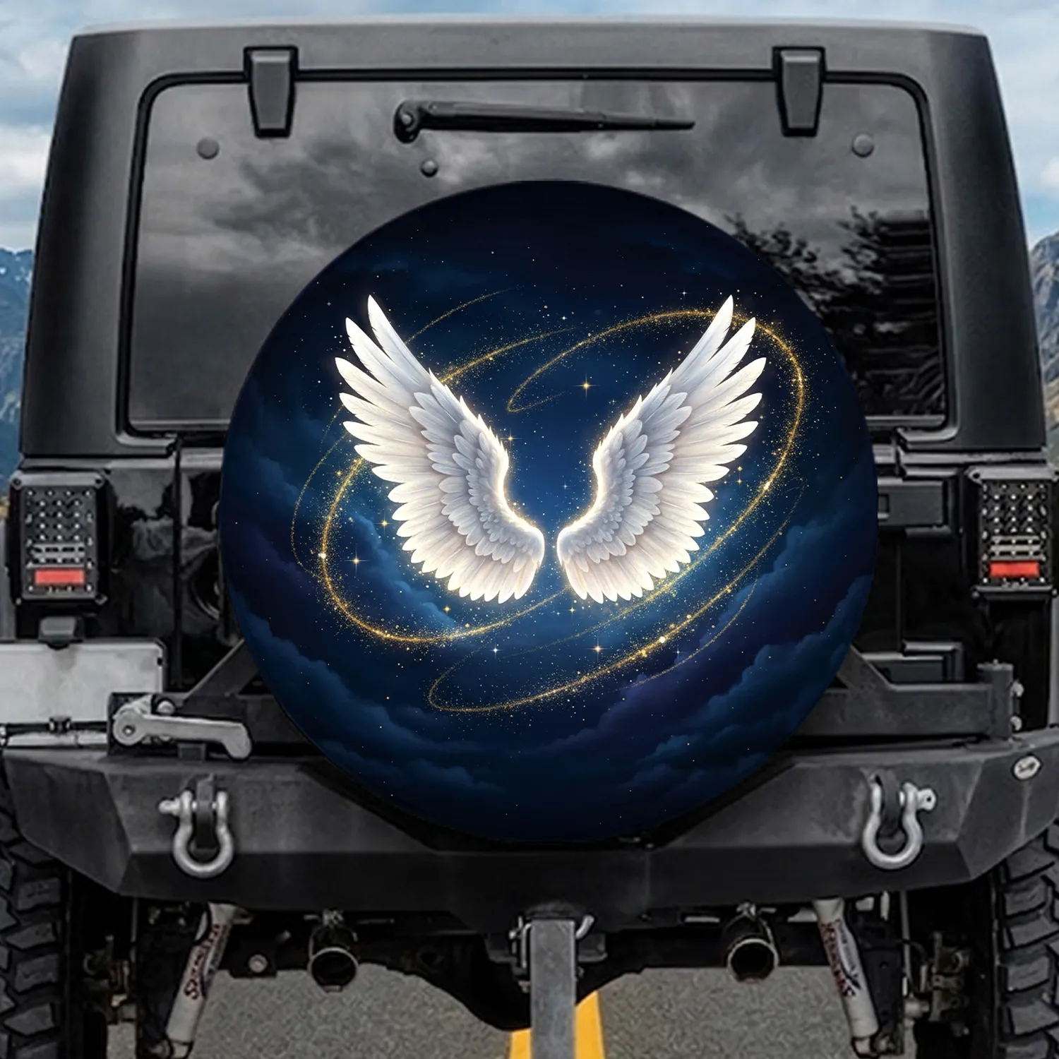 Majestic Luminous White Feathered Wings Golden Light Night Sky - Home Decor Gift Spare Tire Cover - 1