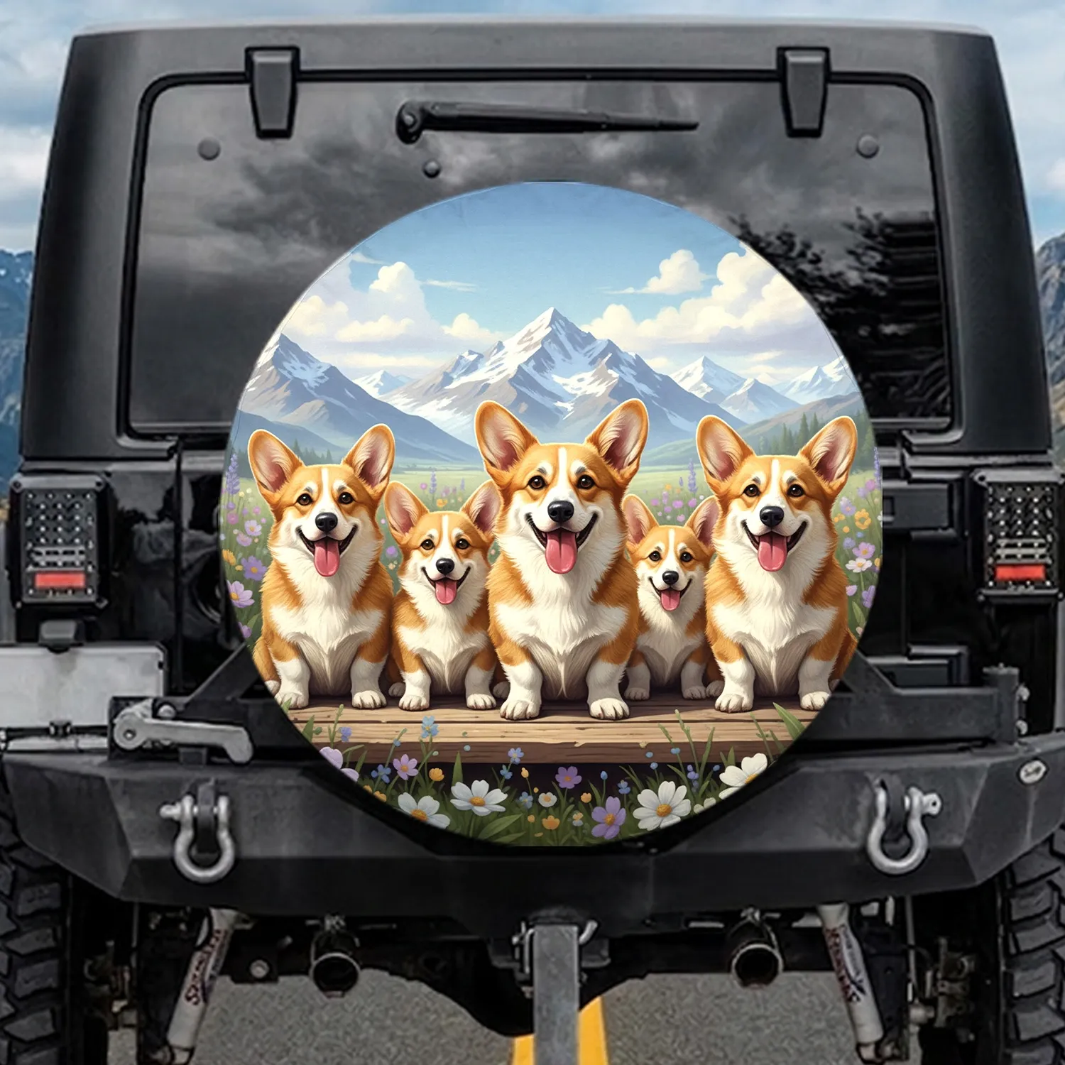 Pembroke Welsh Corgis Wildflower Mountain Scene - Dog Lover Vehicle Accessory Spare Tire Cover - 1
