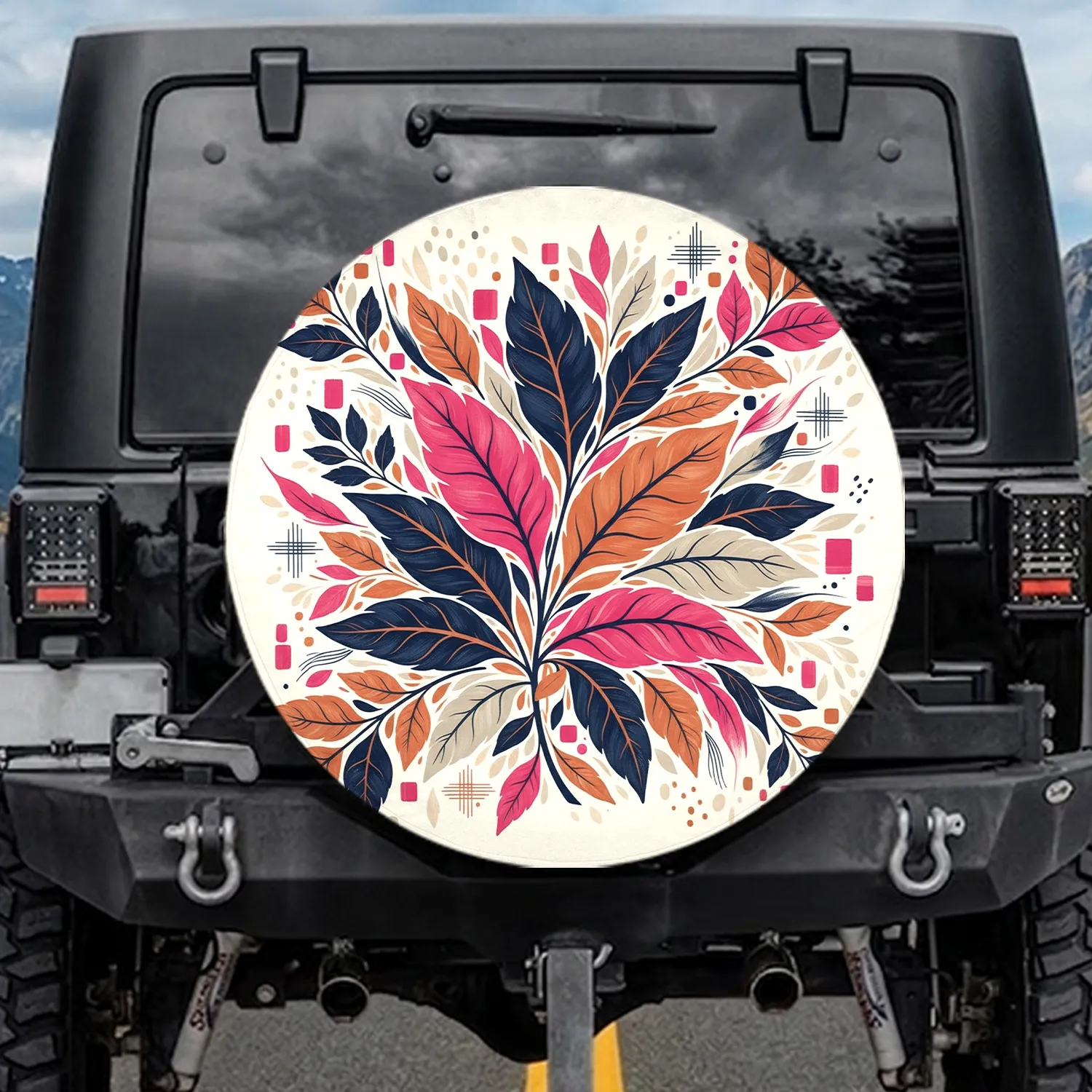 Fuchsia Navy Terracotta Botanical Leaves Color Blocks Scattered Dots - Home Decor Gift Spare Tire Cover - 1