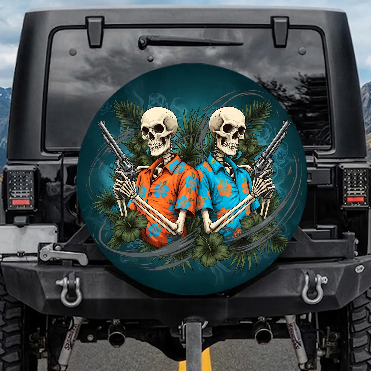 Skeletons Hawaiian Shirts Pistols Tropical Foliage - Outdoor Adventure Travel Gift Spare Tire Cover - 1