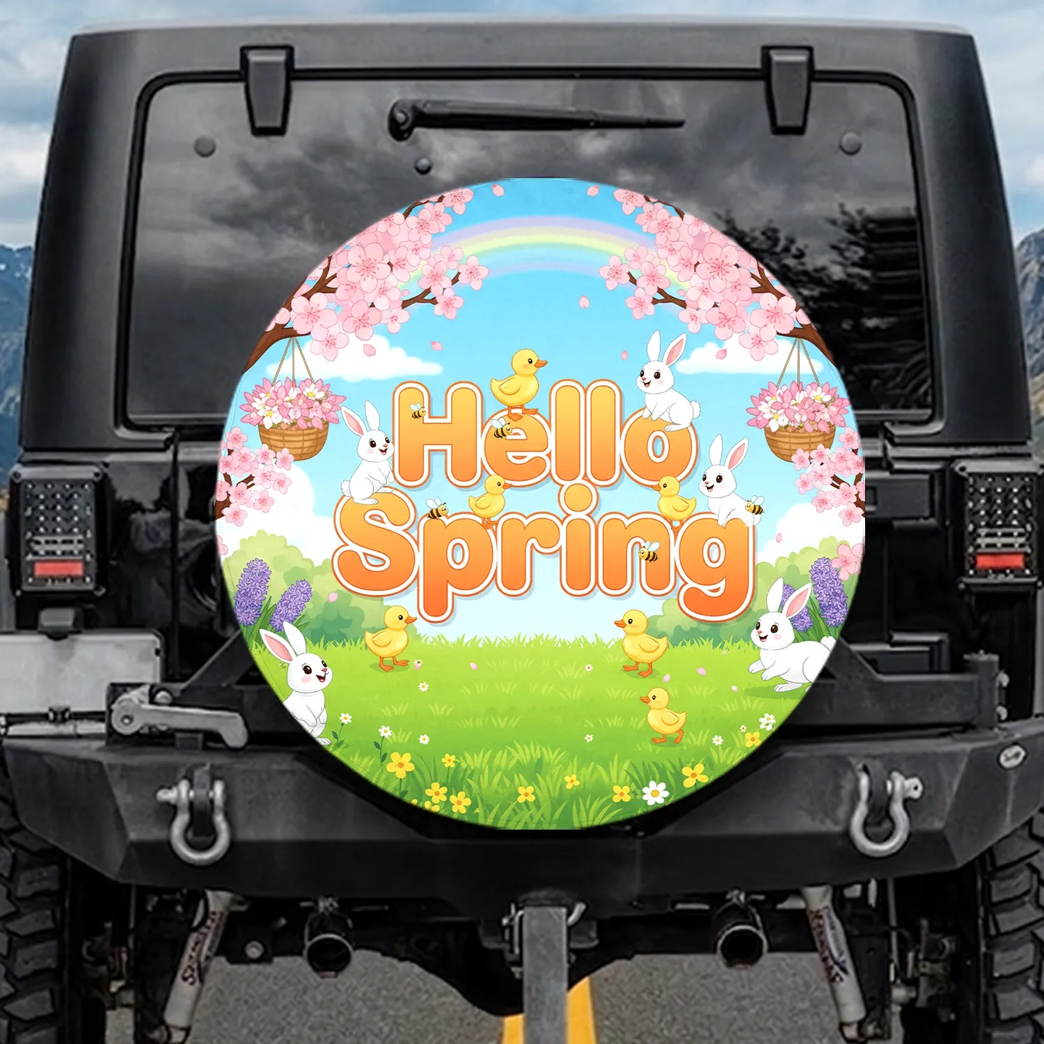 Hello Spring Bunnies Ducklings Cherry Blossom Meadow - Spring Decor Gift Spare Tire Cover - 1