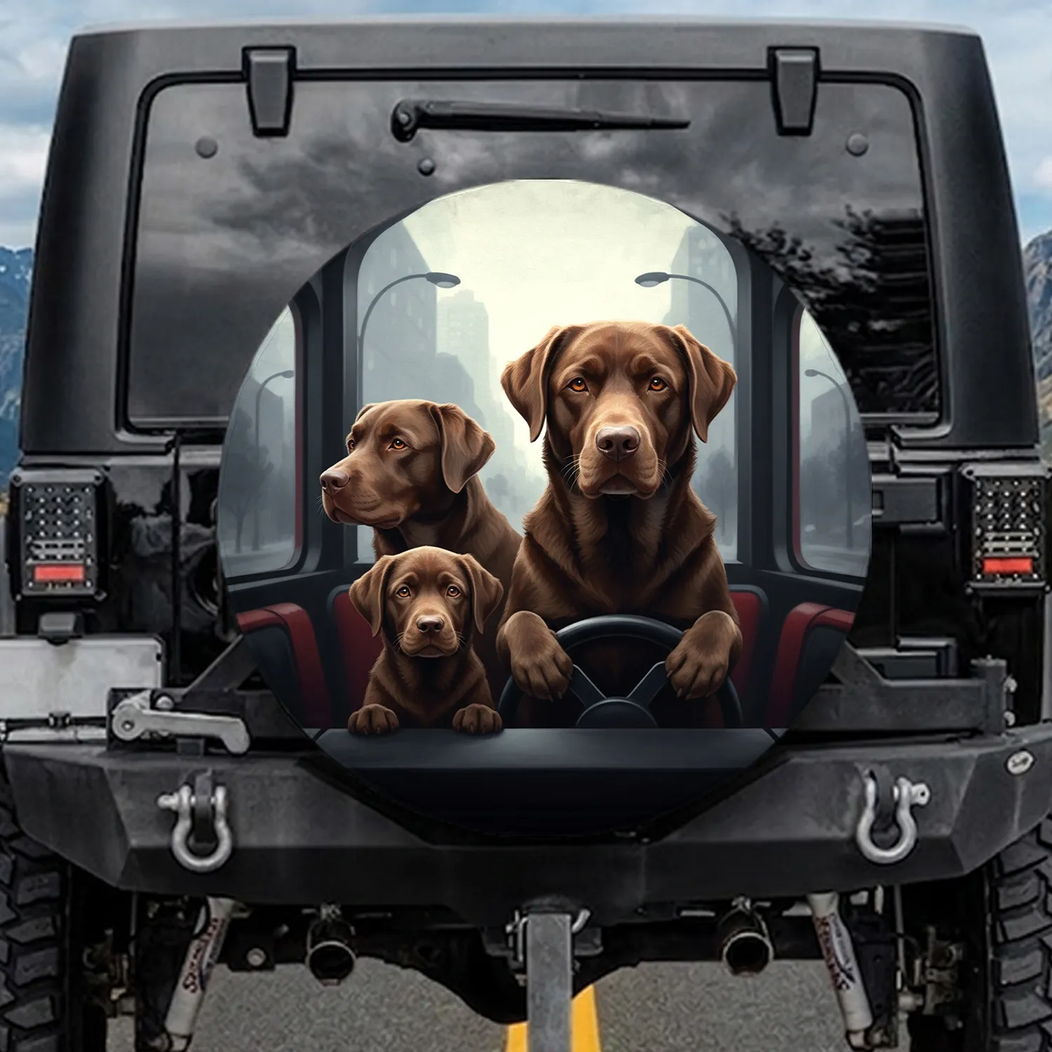 Three Chocolate Labradors Looking Forward Driving Luxury Auto Urban Roadside - Dog Parent Gift Spare Tire Cover - 1