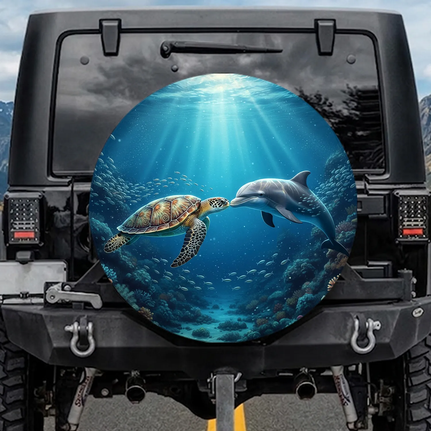 Marine Animals Sea Turtle Dolphin Deep Ocean Coral Reef Fish Sunlight - Wildlife Lover Gift Spare Tire Cover - 1