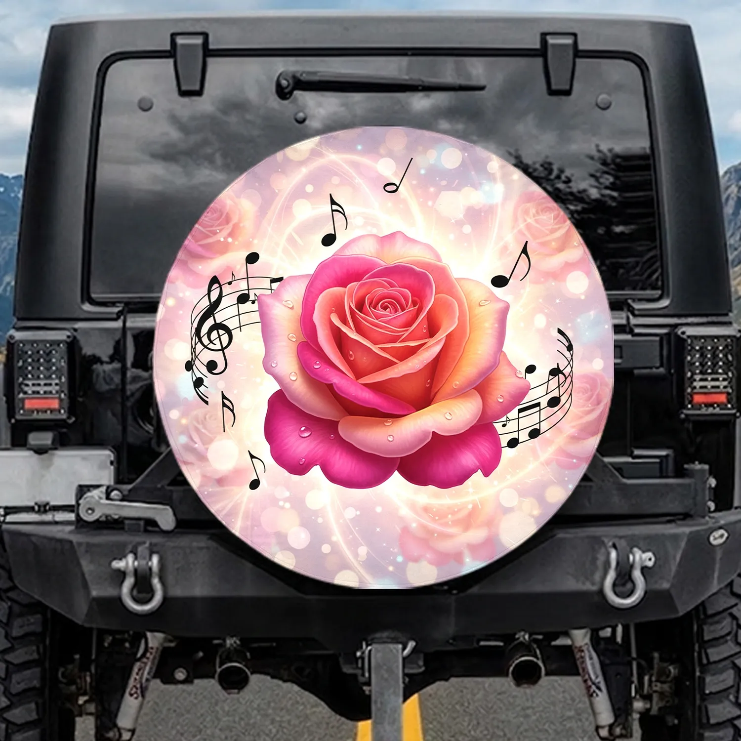 Lush Rose Pink Yellow Musical Notes - Music Lover Home Decor Gift Spare Tire Cover - 1
