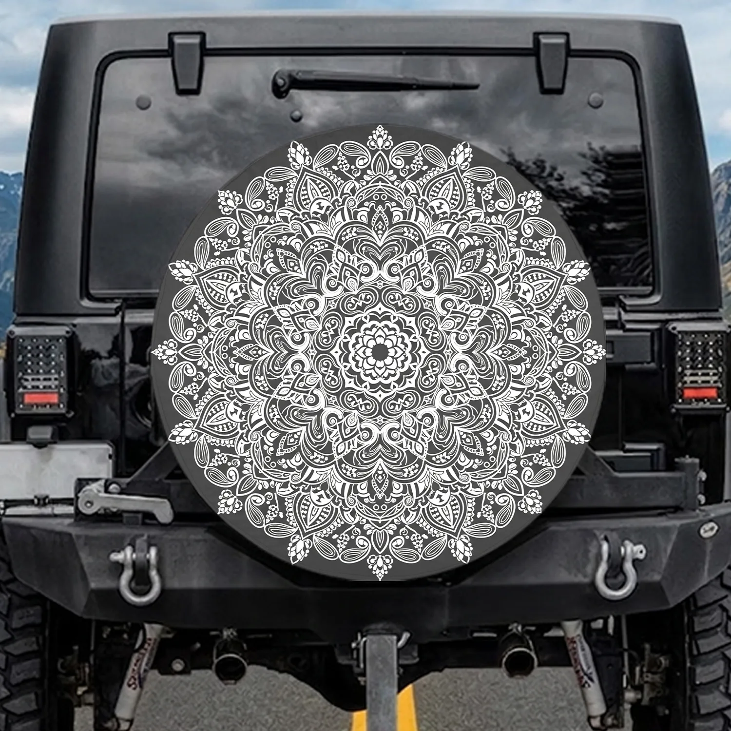Mandala Floral Paisley Teardrop Medallion Scrollwork - Boho Lifestyle Vehicle Accessory Spare Tire Cover - 1