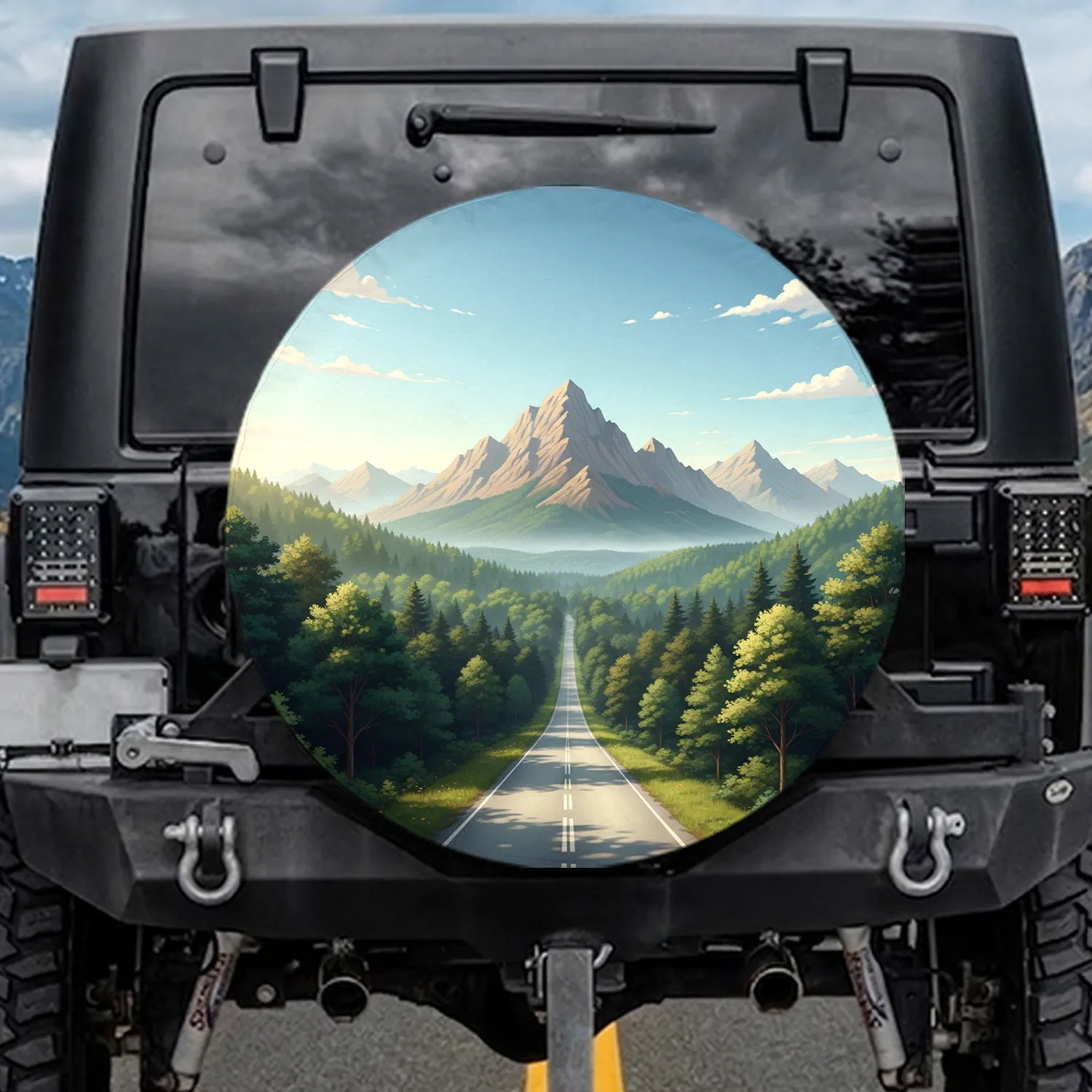 Distant Horizon Road Through Lush Forest Serene Mountains - Road Trip Essential Spare Tire Cover - 1