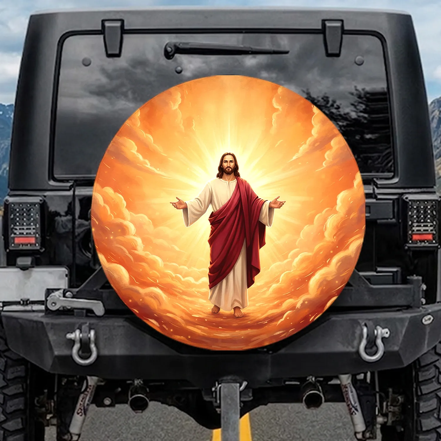 Jesus Christ Sacred Welcome Heavenly Light - Christian Faith Gift for Believers Spare Tire Cover - 1