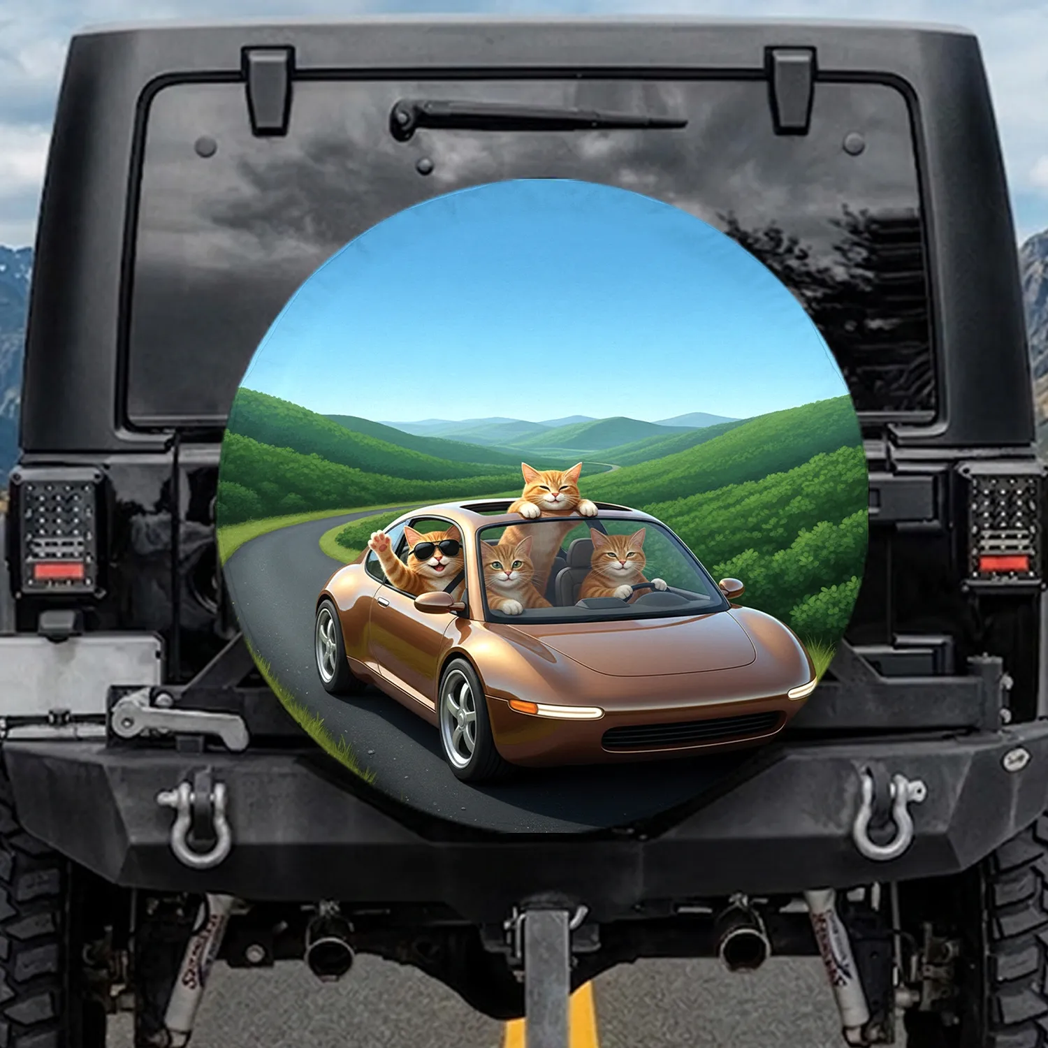 Ginger Tabby Cats in Bronze Vehicle Green Hills Road - Travel Essentials Cat Lover Gift Spare Tire Cover - 1