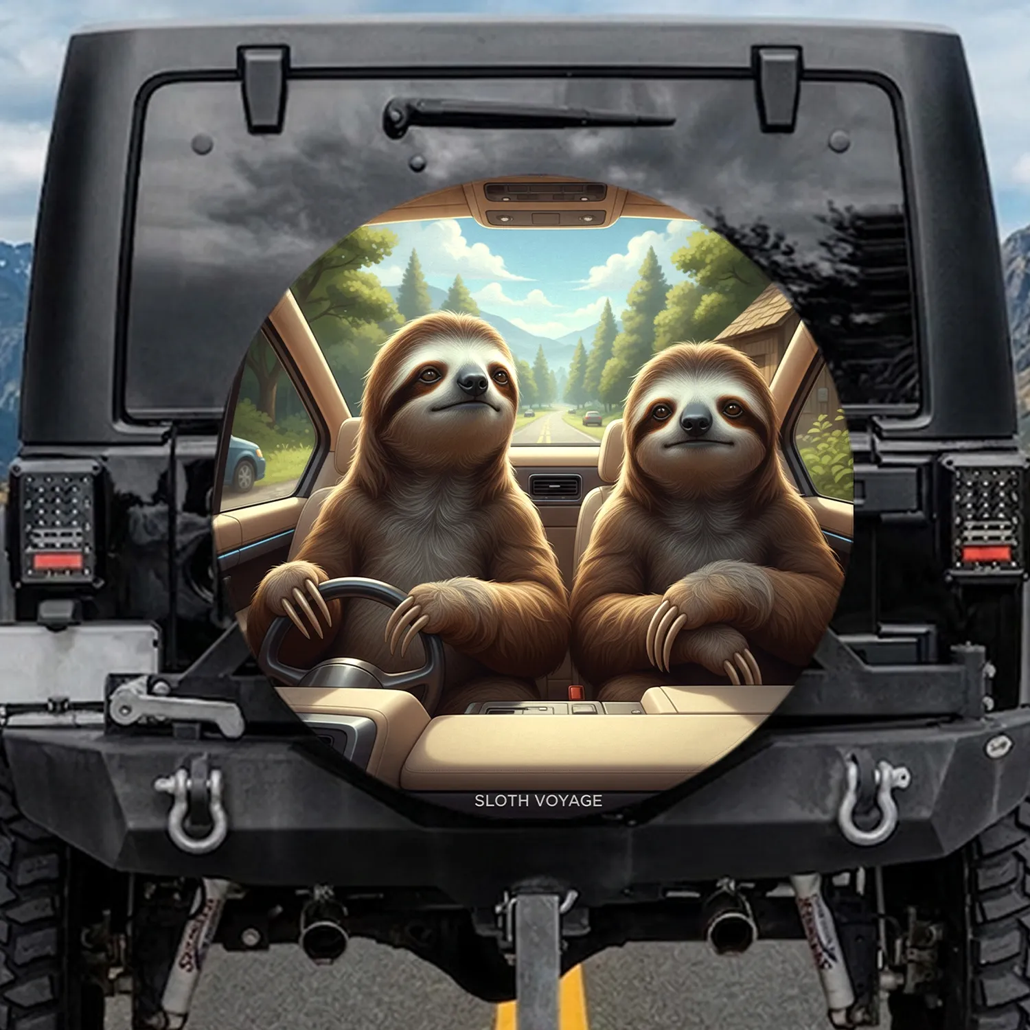 Sloths Driving Car Cabin Interior - Wildlife Lover Gift Spare Tire Cover - 1