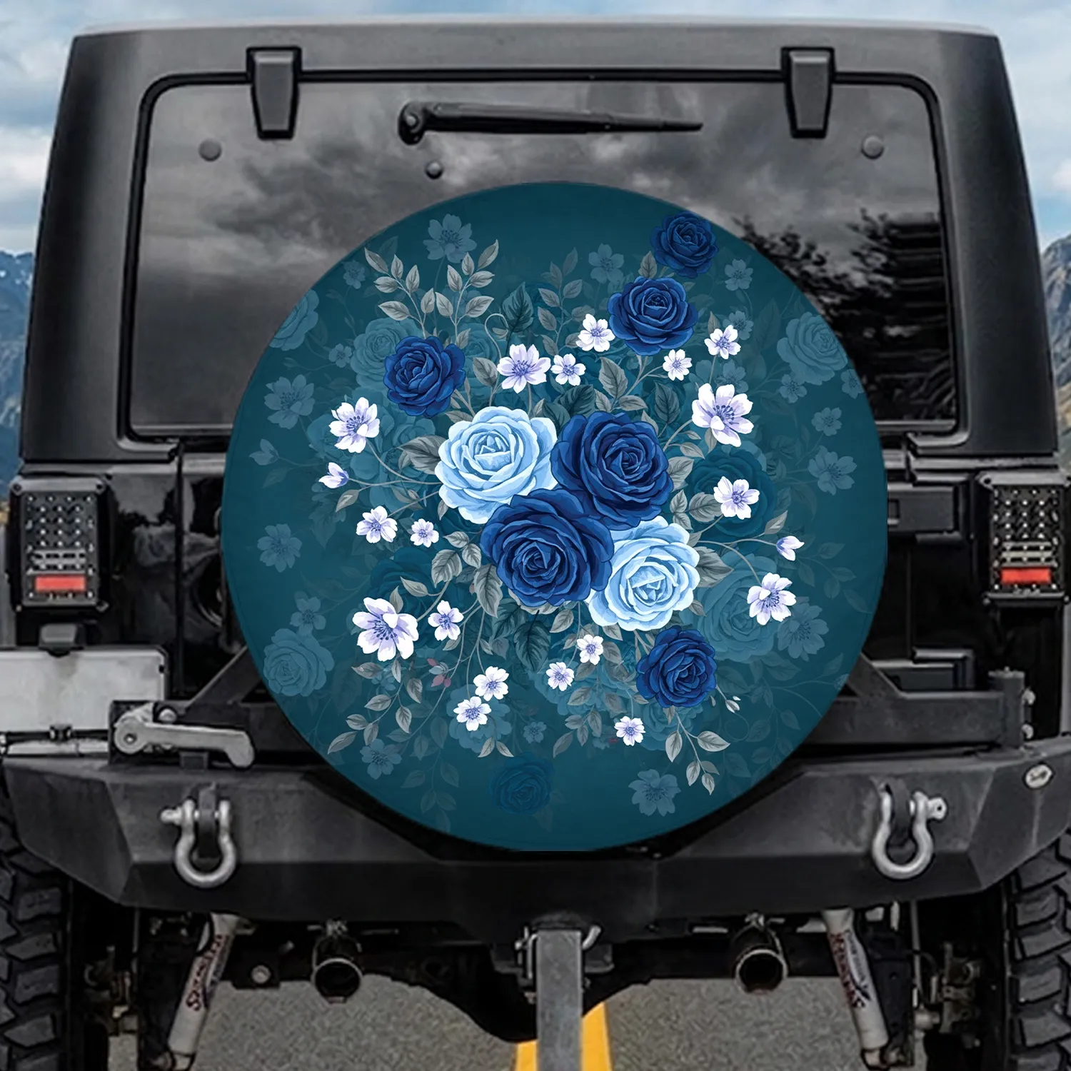 Dense Intertwined Blue Roses White Blossoms Foliage - Outdoor Vehicle Accessory Gift Spare Tire Cover - 1