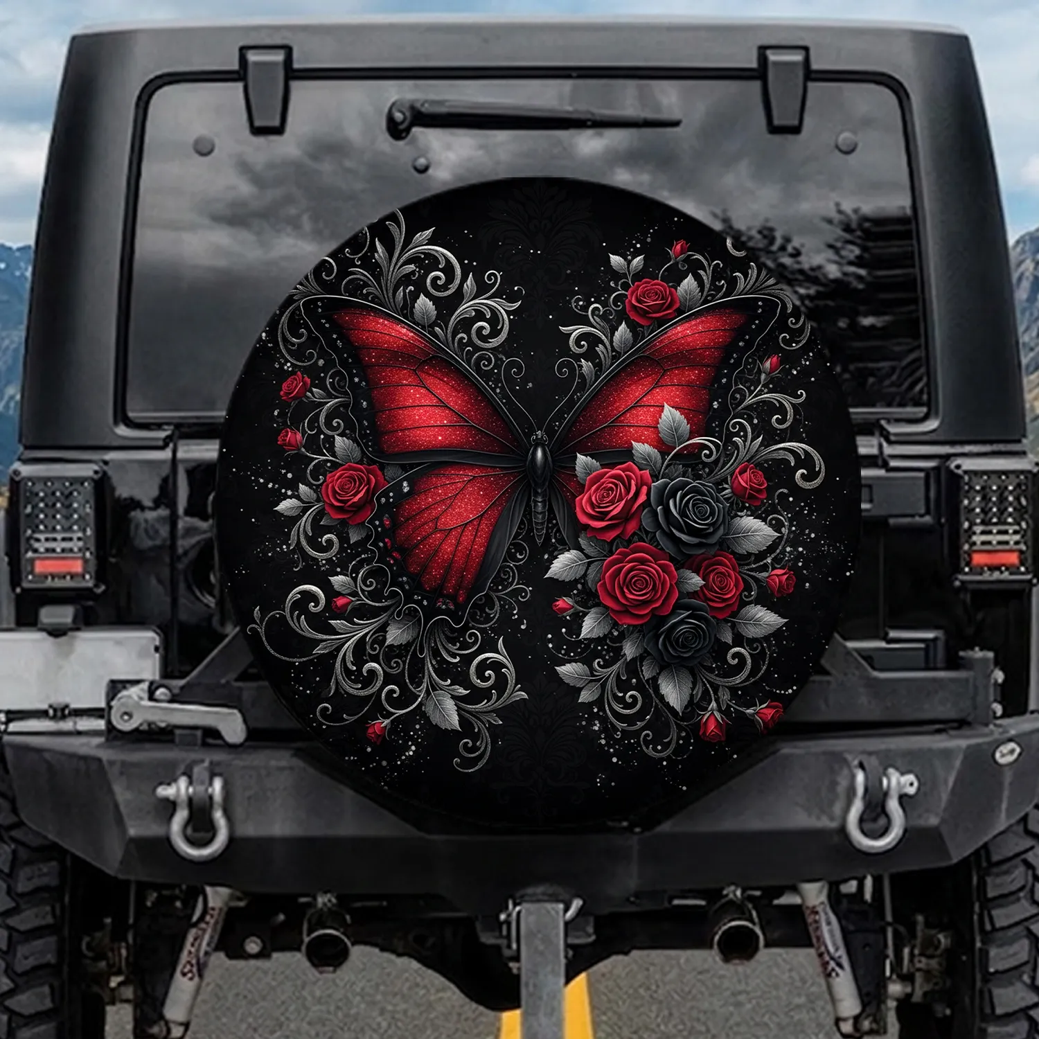 Gothic Butterfly Crimson Rose Filigree - Statement Auto Decor for Gothic Lover Spare Tire Cover - 1