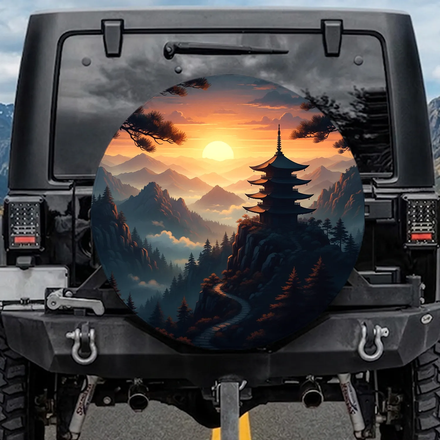 Japanese Pagoda Forest Mountain Sunset - Outdoor Adventure Gift Spare Tire Cover - 1