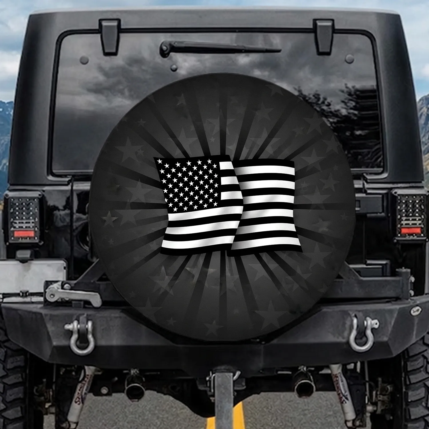 Black White American Flag Stars Rays - Independence Day Gift for Veterans Spare Tire Cover - 1