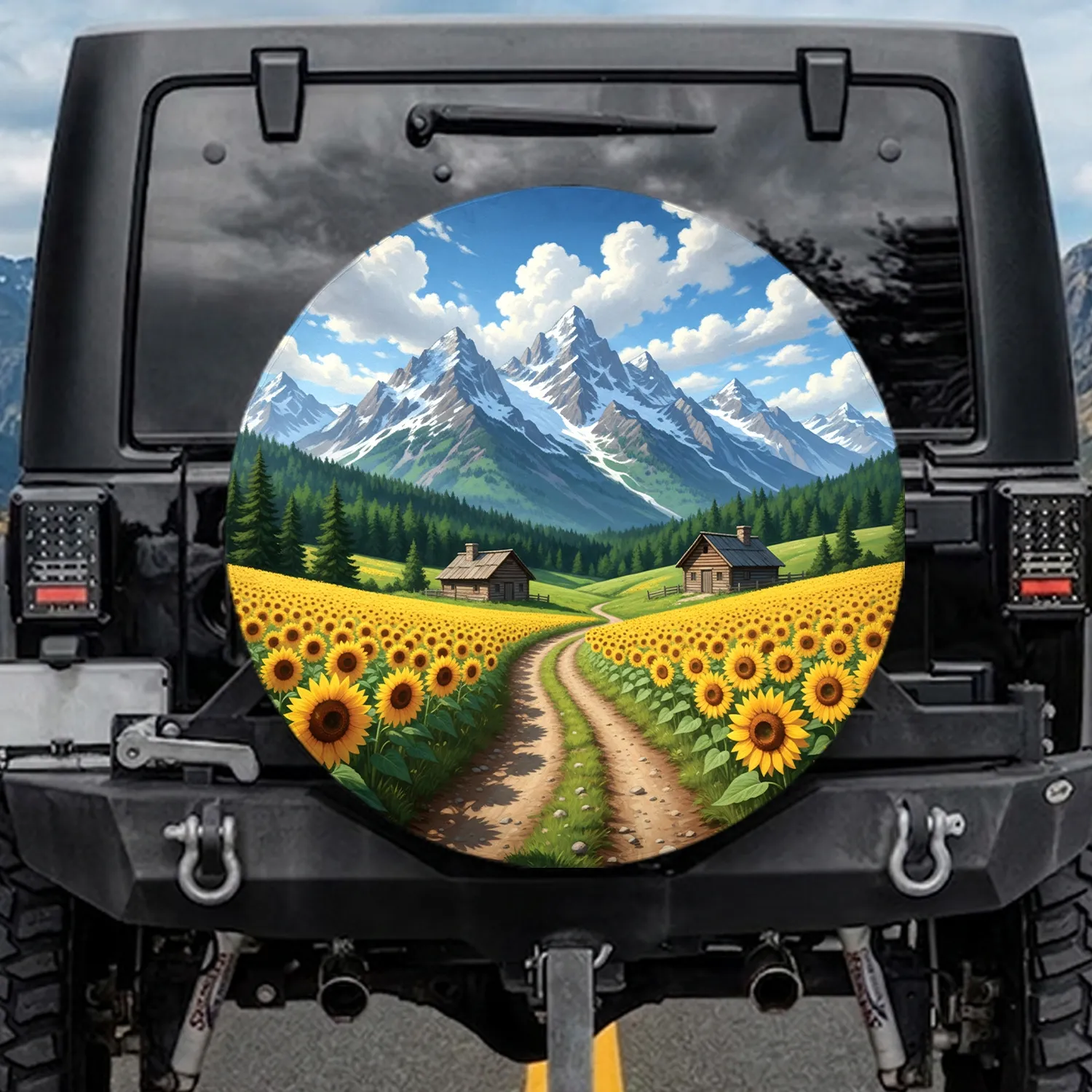 Sunflower Fields Mountain Path Cabin - Nature Lover Home Decor Gift Spare Tire Cover - 1