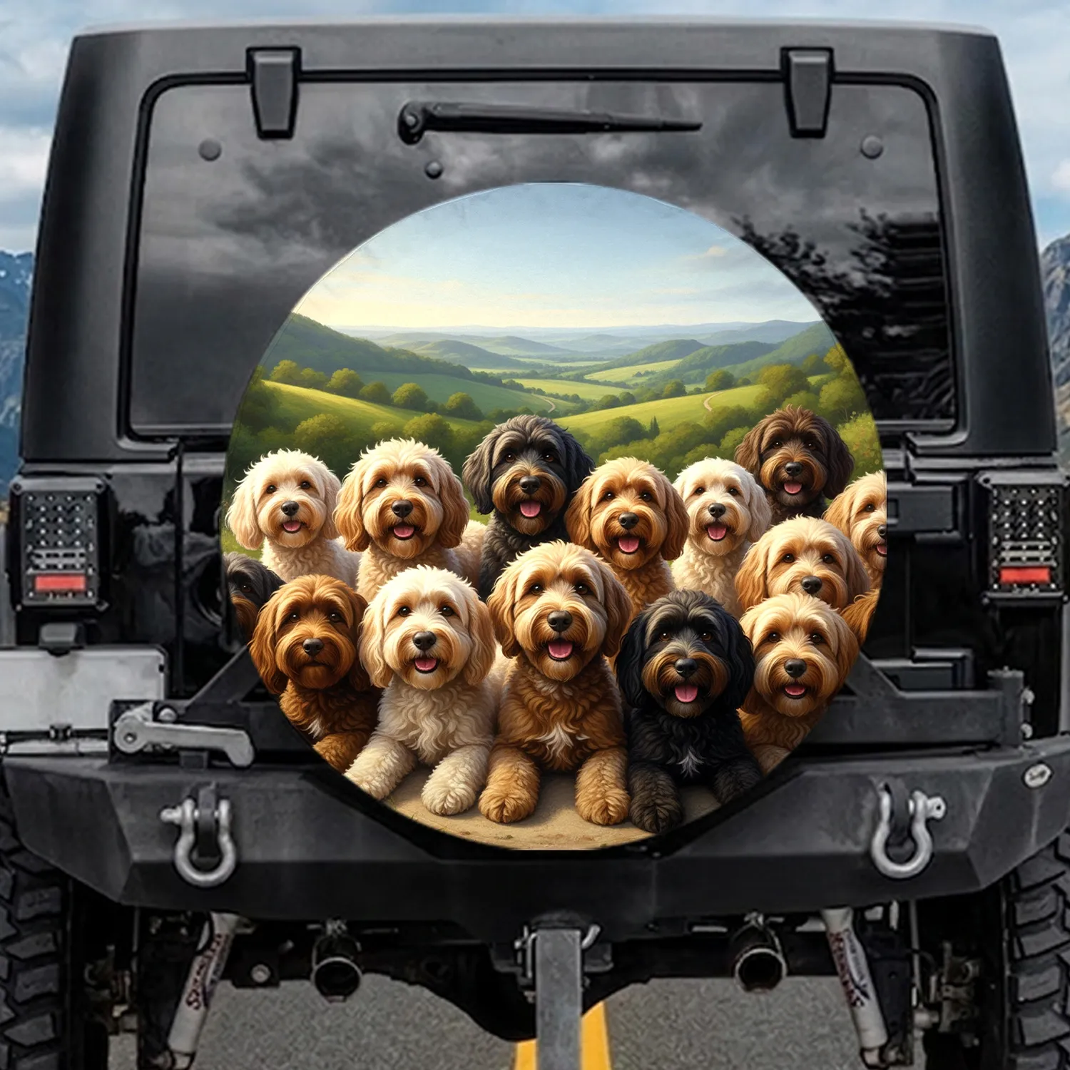 Cheerful Doodle Dogs Panoramic Green Hills - Outdoor Adventure Dog Lover Gift Spare Tire Cover - 1