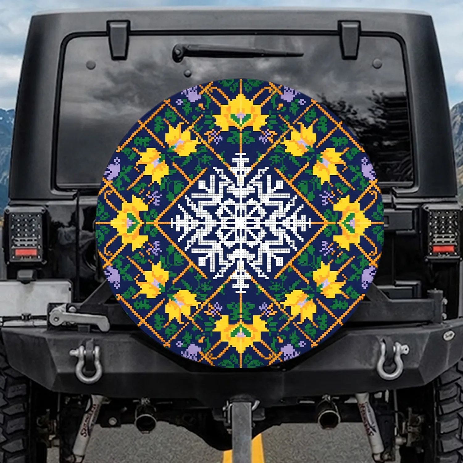 White Snowflake Folk Embroidery Floral Orange Gold Lattice Navy Blue - Home Decor Gift Spare Tire Cover - 1