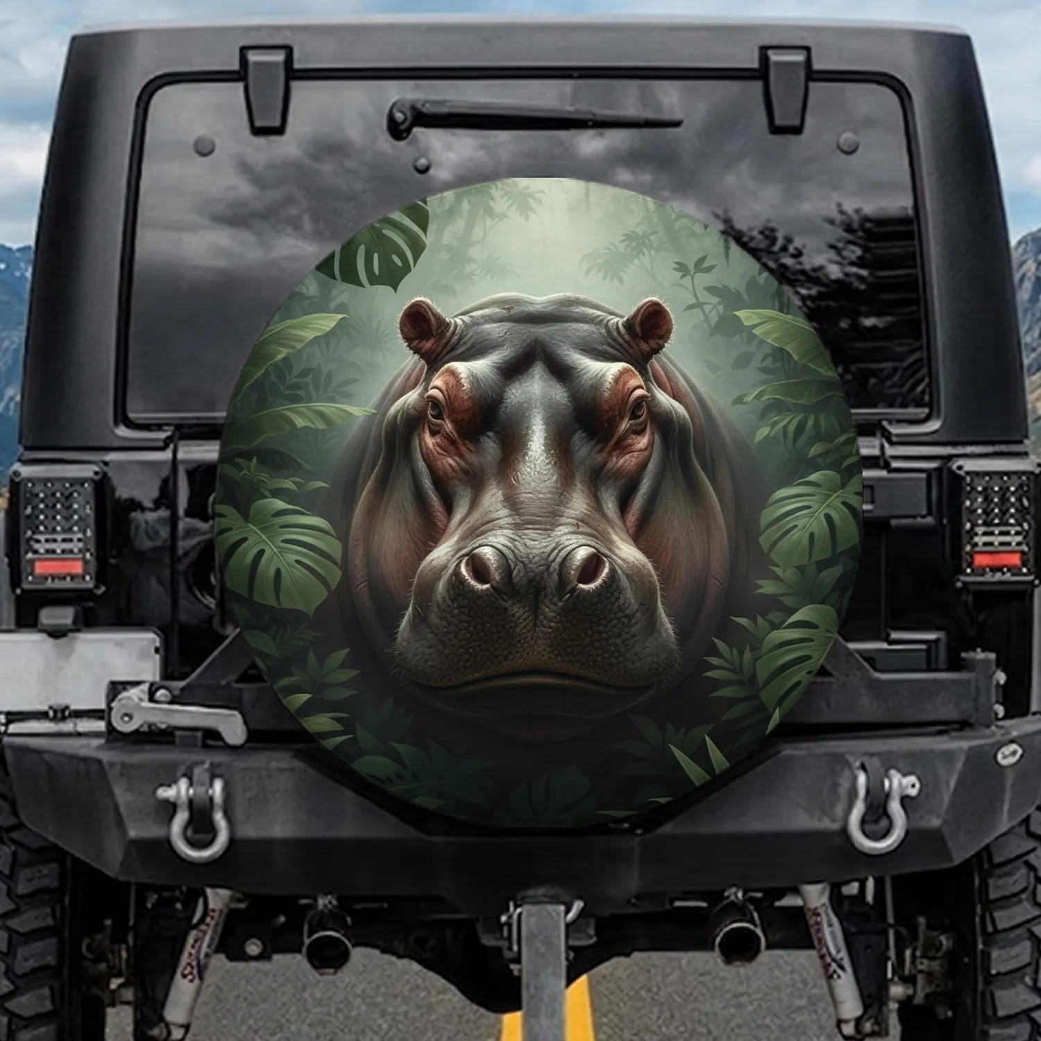 Colossal Hippopotamus Head Tropical Misty Jungle Greenery - Big Game Lover Gift Spare Tire Cover - 1